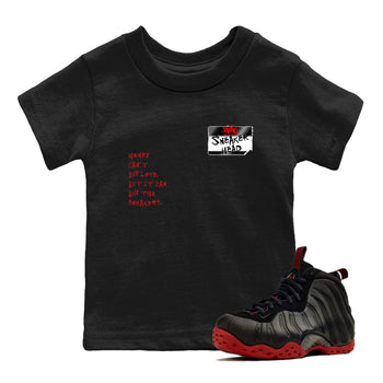 Sneaker match tees – Sneaker Threads To Match Air Foamposite Cough Drop Shoes, Air Foamposite One Black and Varsity Red – Sneakerhead Badge Kids T-Shirt Black 1