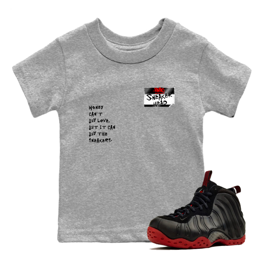 Sneaker match tees – Sneaker Threads To Match Air Foamposite Cough Drop Shoes, Air Foamposite One Black and Varsity Red – Sneakerhead Badge Kids T-Shirt Heather Grey 1
