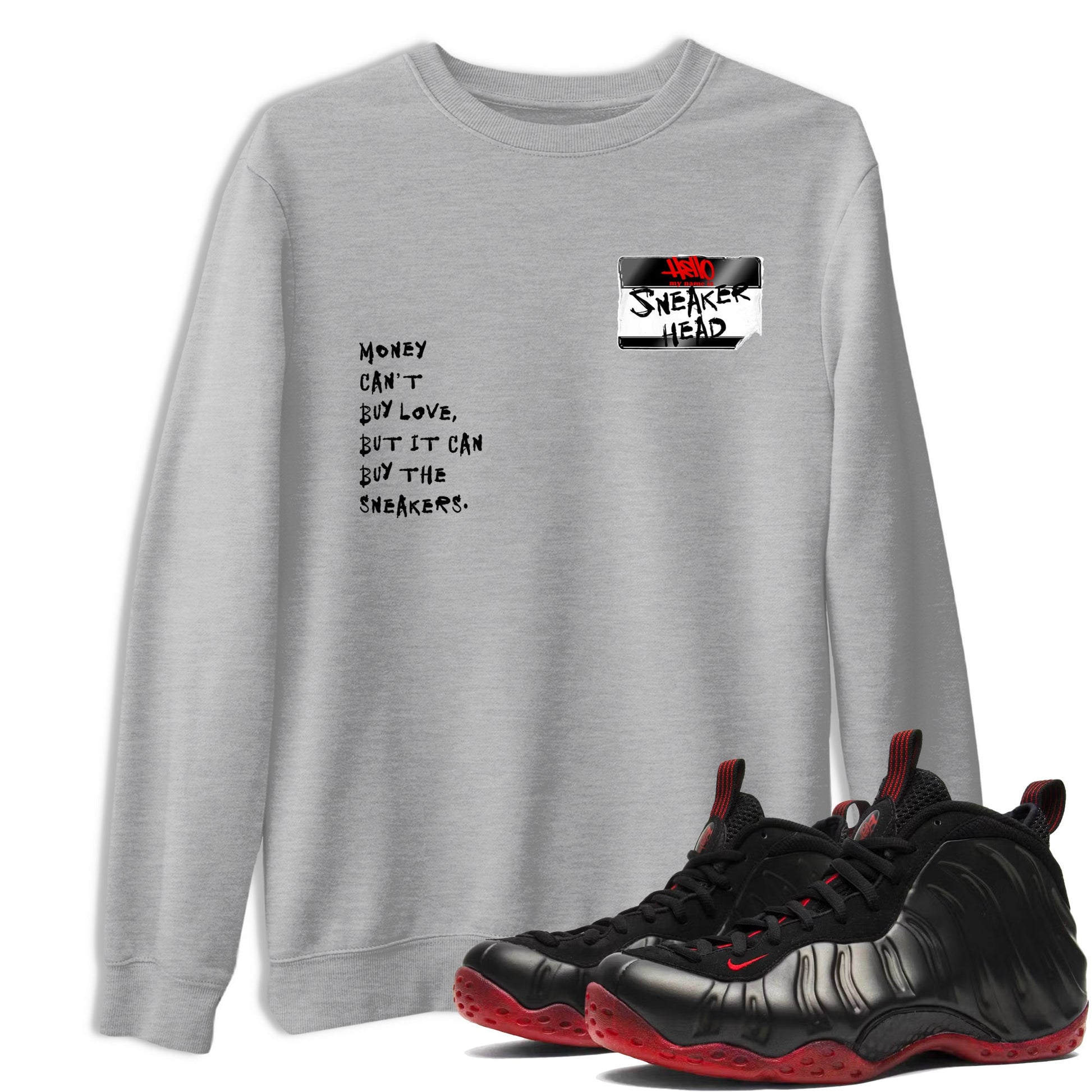 Sneaker match tees – Sneaker Threads To Match Air Foamposite Cough Drop Shoes, Air Foamposite One Black and Varsity Red – Sneakerhead Badge Tee Heather Grey 1