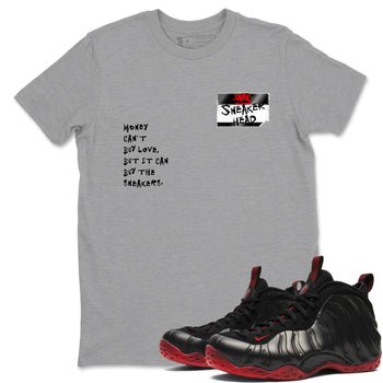 Sneaker match tees – Sneaker Threads To Match Air Foamposite Cough Drop Shoes, Air Foamposite One Black and Varsity Red – Sneakerhead Badge Tee Heather Grey 1