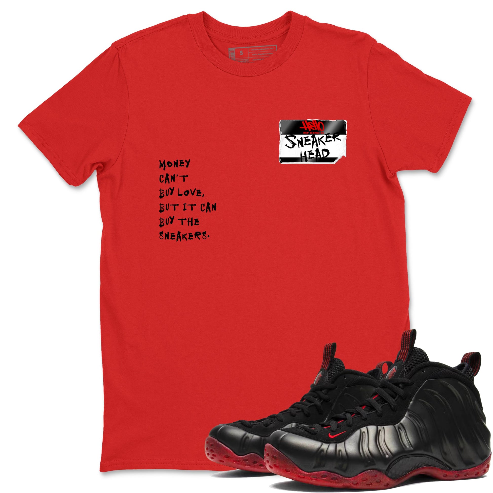 Sneaker match tees – Sneaker Threads To Match Air Foamposite Cough Drop Shoes, Air Foamposite One Black and Varsity Red – Sneakerhead Badge Tee Red 1