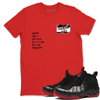 Sneaker match tees – Sneaker Threads To Match Air Foamposite Cough Drop Shoes, Air Foamposite One Black and Varsity Red – Sneakerhead Badge Tee Red 1