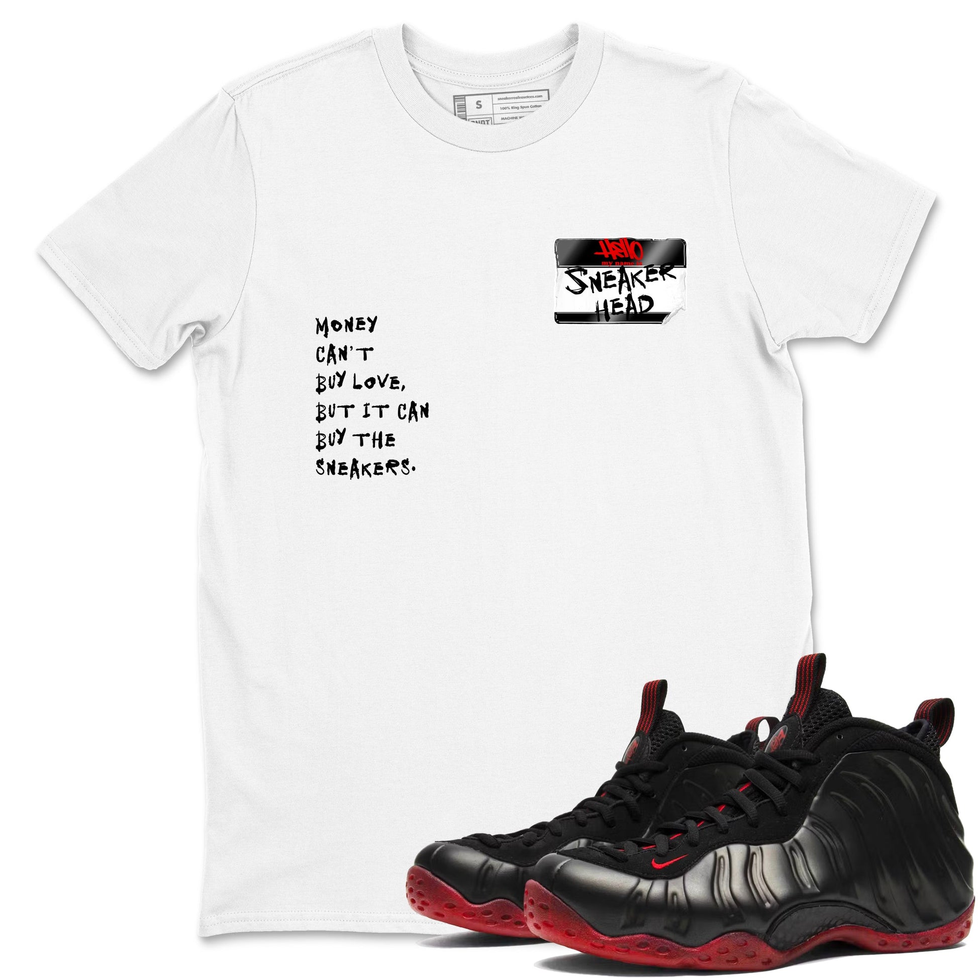 Sneaker match tees – Sneaker Threads To Match Air Foamposite Cough Drop Shoes, Air Foamposite One Black and Varsity Red – Sneakerhead Badge Tee White 1