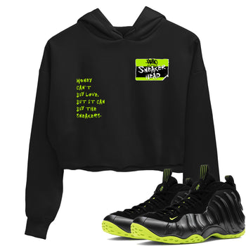 Foams One Black Volt best t shirts to wear with jordans Sneakerhead Badge sneaker match tees Air Foamposite One Black Volt match shoes to clothes SNRT Sneaker Tees unisex cotton Black 1 crop tee