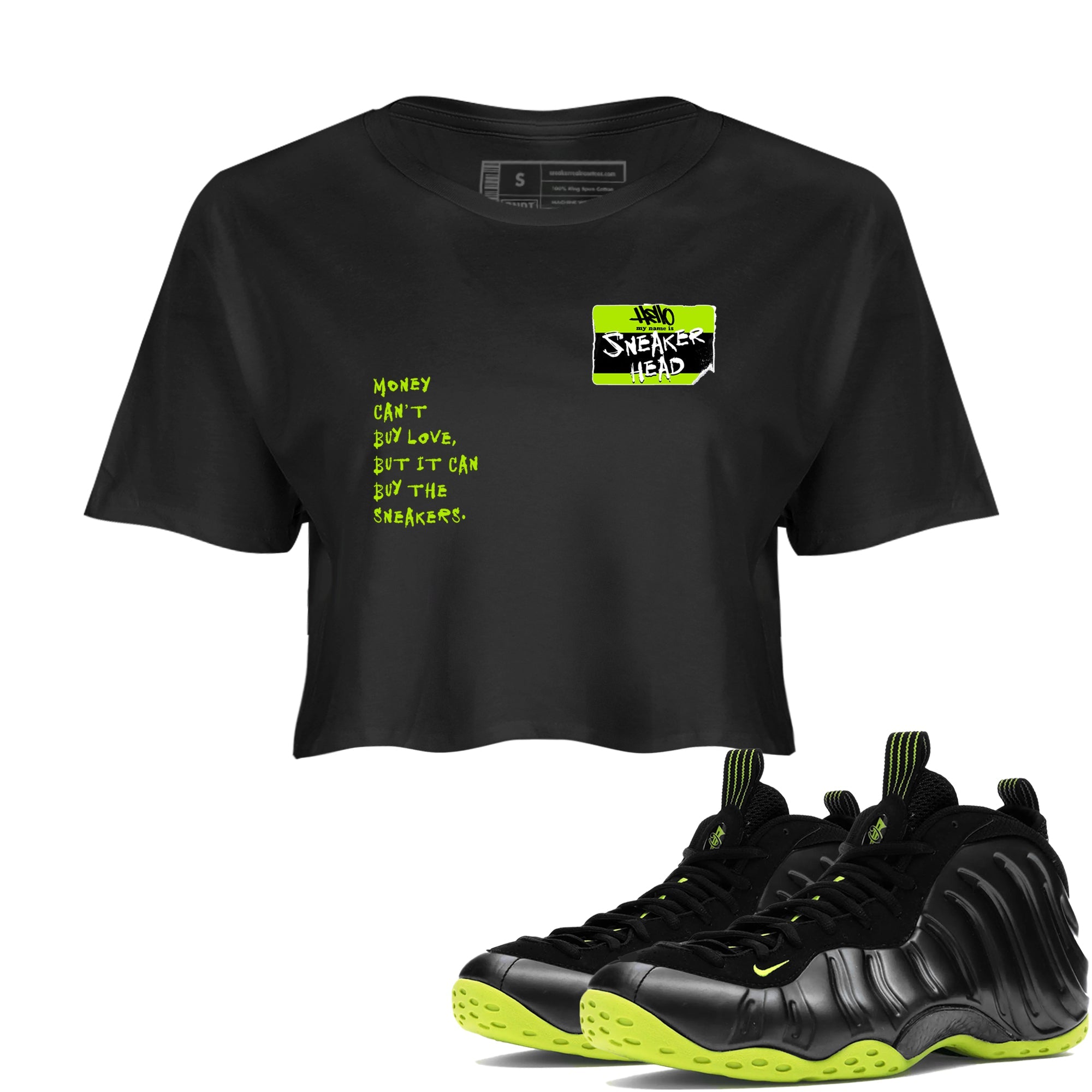 Foams One Black Volt best t shirts to wear with jordans Sneakerhead Badge sneaker match tees Air Foamposite One Black Volt match shoes to clothes SNRT Sneaker Tees unisex cotton Black 1 crop tee