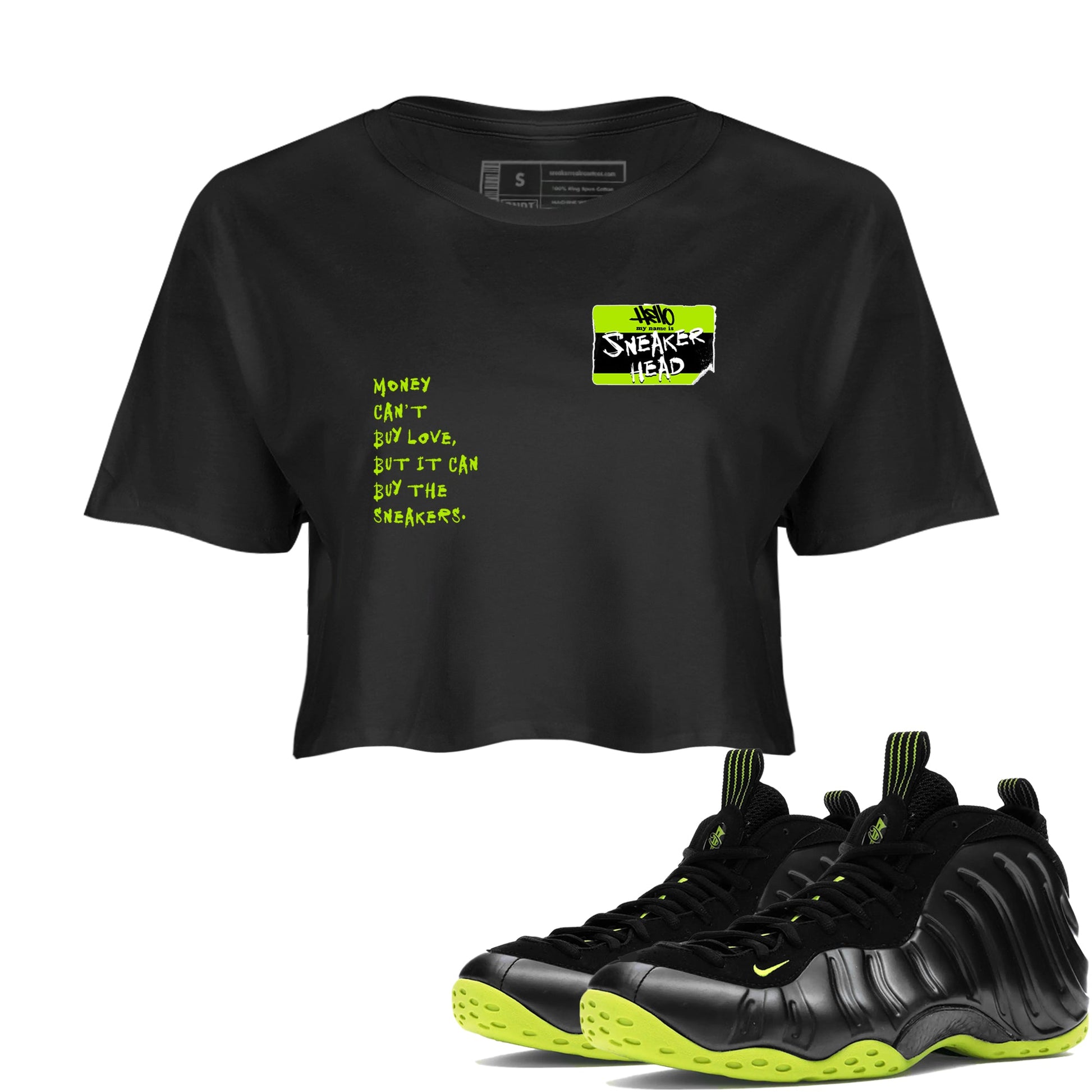 Foams One Black Volt best t shirts to wear with jordans Sneakerhead Badge sneaker match tees Air Foamposite One Black Volt match shoes to clothes SNRT Sneaker Tees unisex cotton Black 1 crop tee
