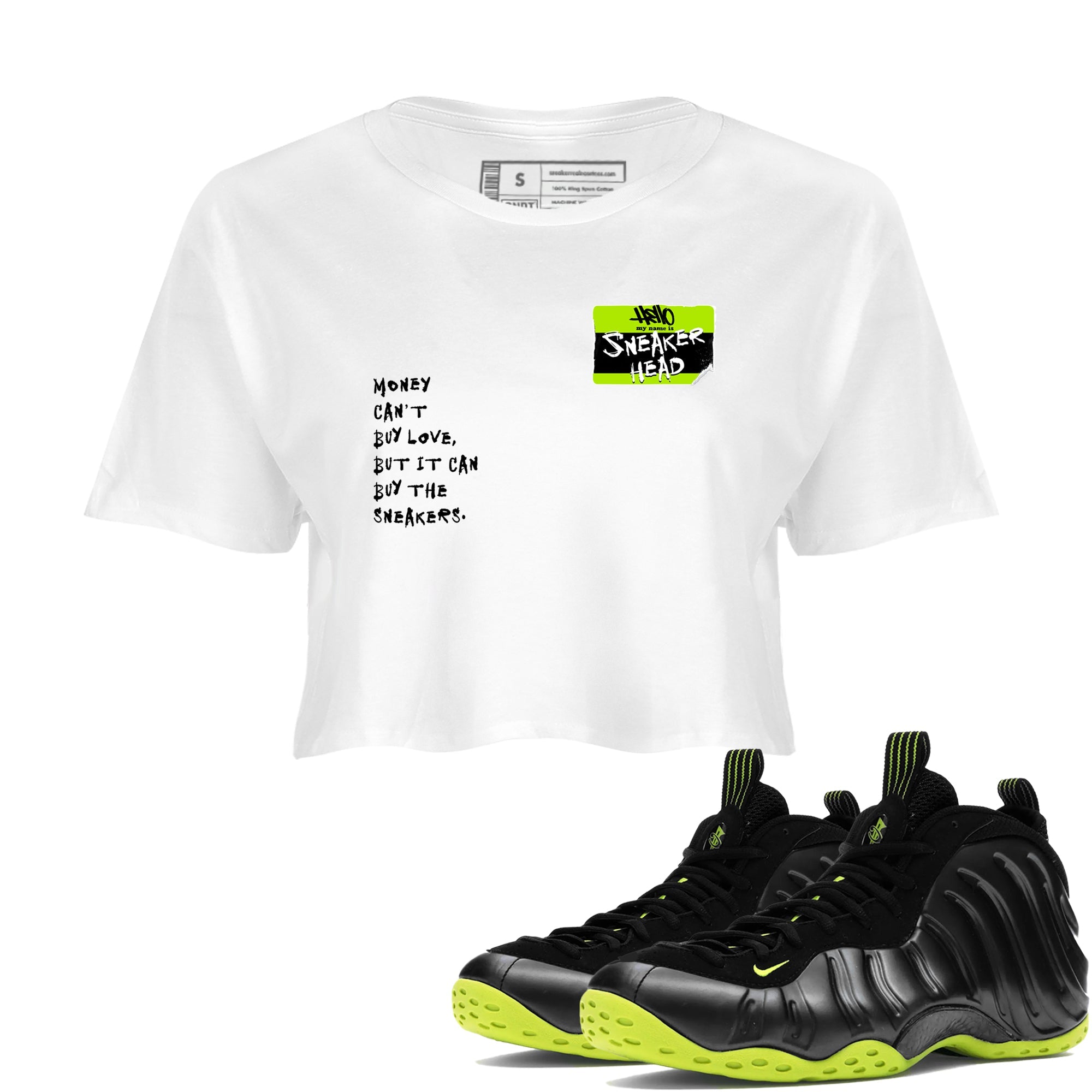 Foams One Black Volt best t shirts to wear with jordans Sneakerhead Badge sneaker match tees Air Foamposite One Black Volt match shoes to clothes SNRT Sneaker Tees unisex cotton White 1 crop tee