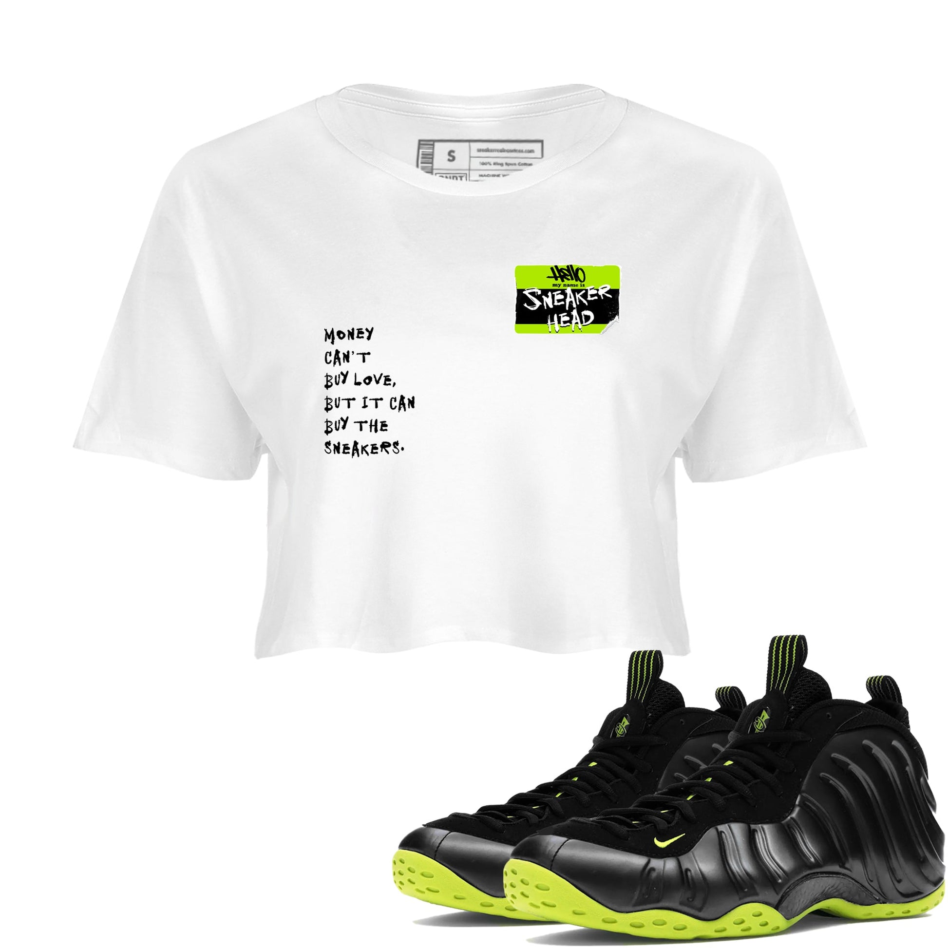 Foams One Black Volt best t shirts to wear with jordans Sneakerhead Badge sneaker match tees Air Foamposite One Black Volt match shoes to clothes SNRT Sneaker Tees unisex cotton White 1 crop tee