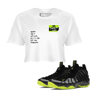 Foams One Black Volt best t shirts to wear with jordans Sneakerhead Badge sneaker match tees Air Foamposite One Black Volt match shoes to clothes SNRT Sneaker Tees unisex cotton White 1 crop tee