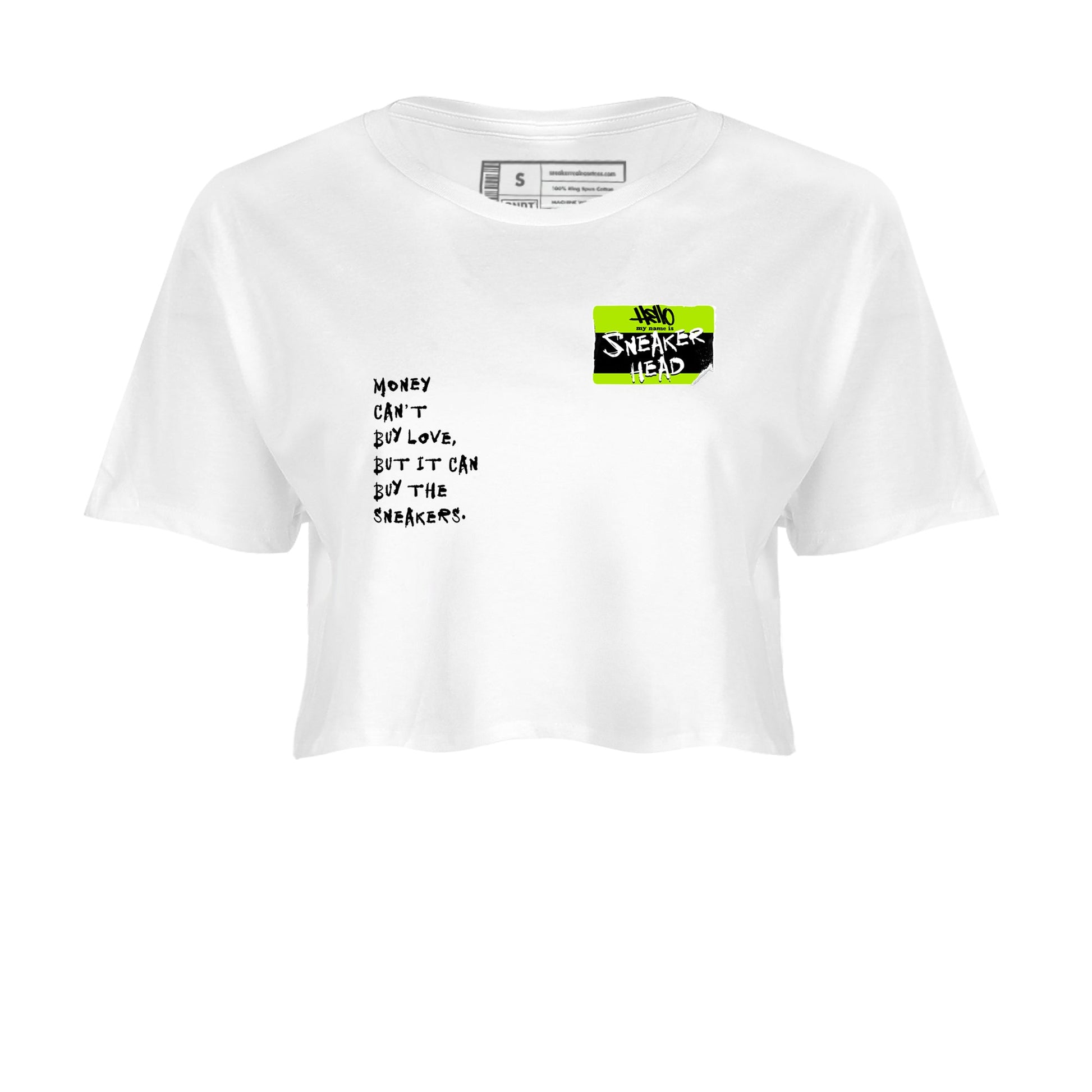 Foams One Black Volt best t shirts to wear with jordans Sneakerhead Badge sneaker match tees Air Foamposite One Black Volt match shoes to clothes SNRT Sneaker Tees unisex cotton White 2 crop tee