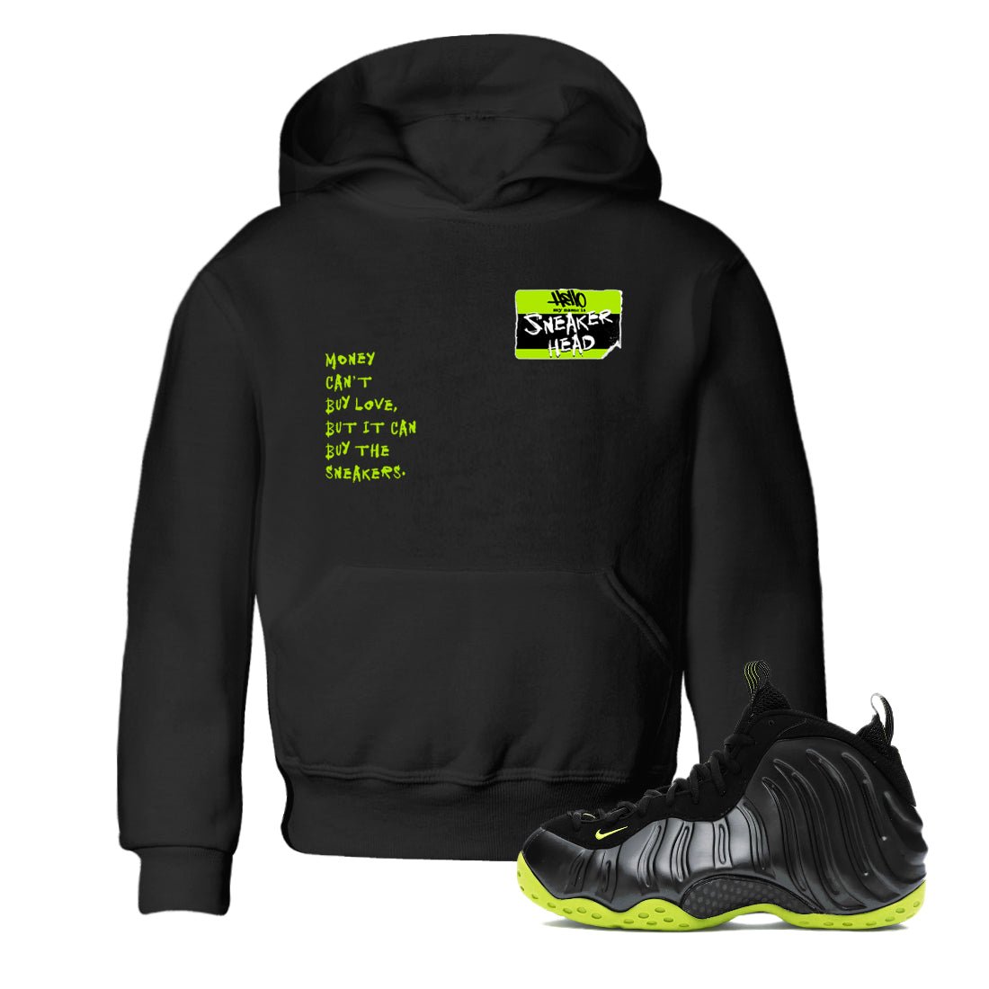 Foams One Black Volt best t shirts to wear with jordans Sneakerhead Badge sneaker match tees Air Foamposite One Black Volt match shoes to clothes SNRT Sneaker Tees Youth Baby Black 1 tee