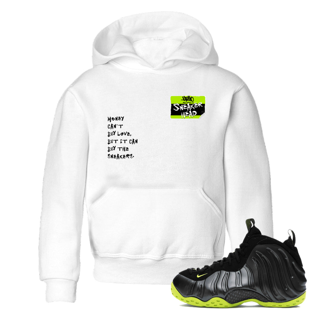 Foams One Black Volt best t shirts to wear with jordans Sneakerhead Badge sneaker match tees Air Foamposite One Black Volt match shoes to clothes SNRT Sneaker Tees Youth Baby White 1 tee
