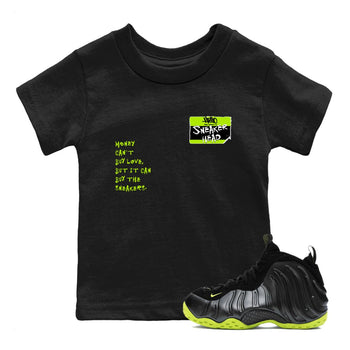 Foams One Black Volt best t shirts to wear with jordans Sneakerhead Badge sneaker match tees Air Foamposite One Black Volt match shoes to clothes SNRT Sneaker Tees Youth Baby Black 1 tee