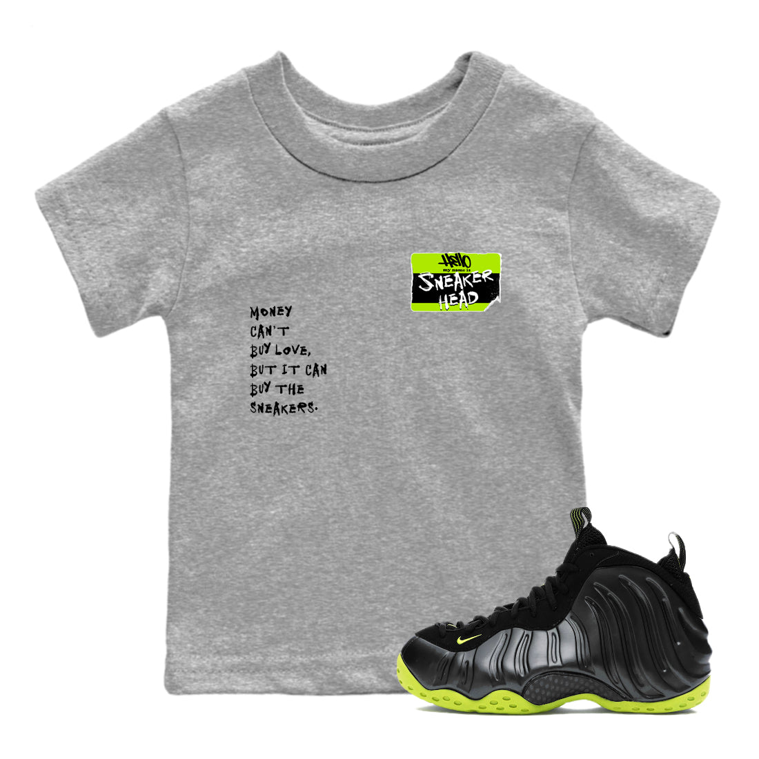 Foams One Black Volt best t shirts to wear with jordans Sneakerhead Badge sneaker match tees Air Foamposite One Black Volt match shoes to clothes SNRT Sneaker Tees Youth Baby Heather Grey 1 tee