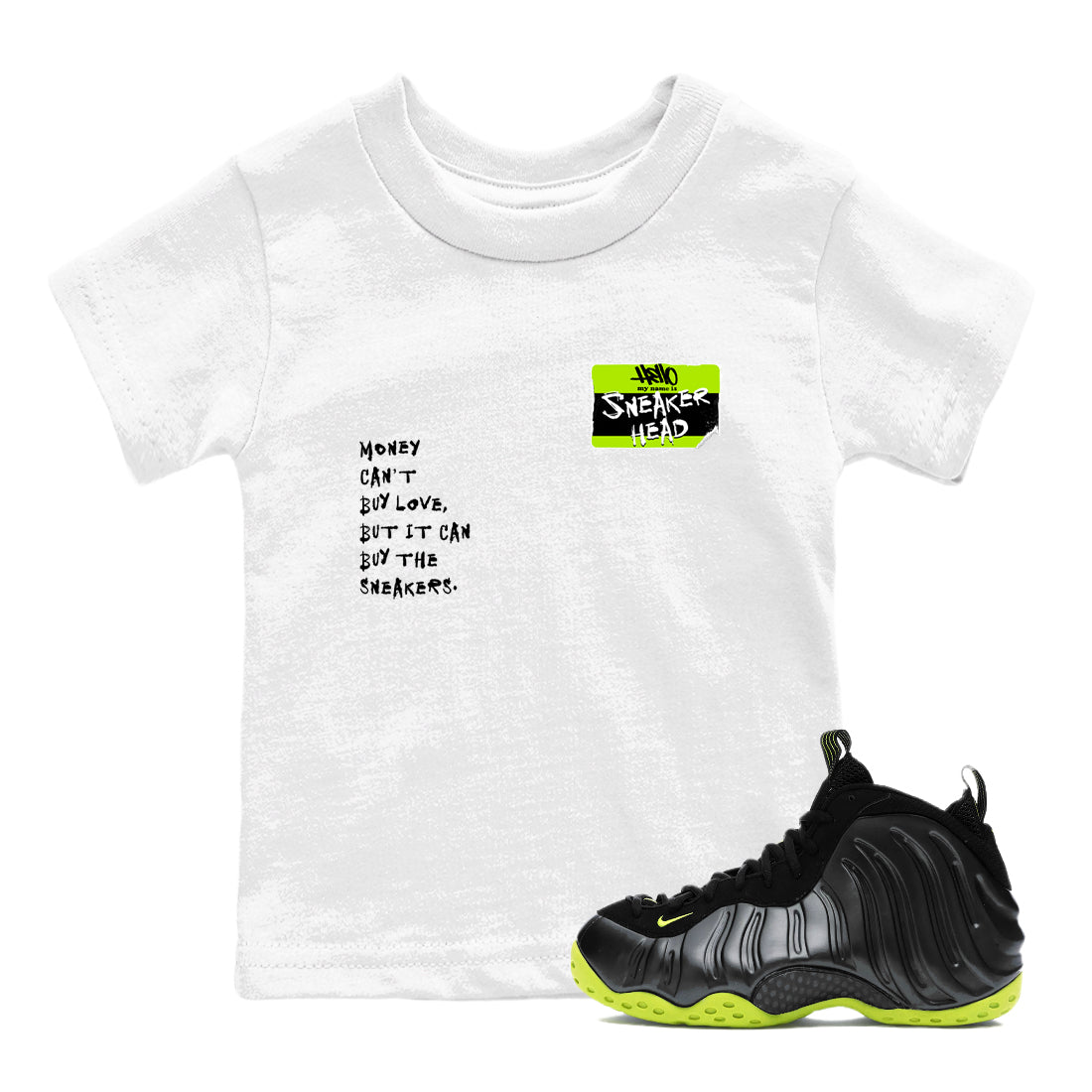 Foams One Black Volt best t shirts to wear with jordans Sneakerhead Badge sneaker match tees Air Foamposite One Black Volt match shoes to clothes SNRT Sneaker Tees Youth Baby White 1 tee