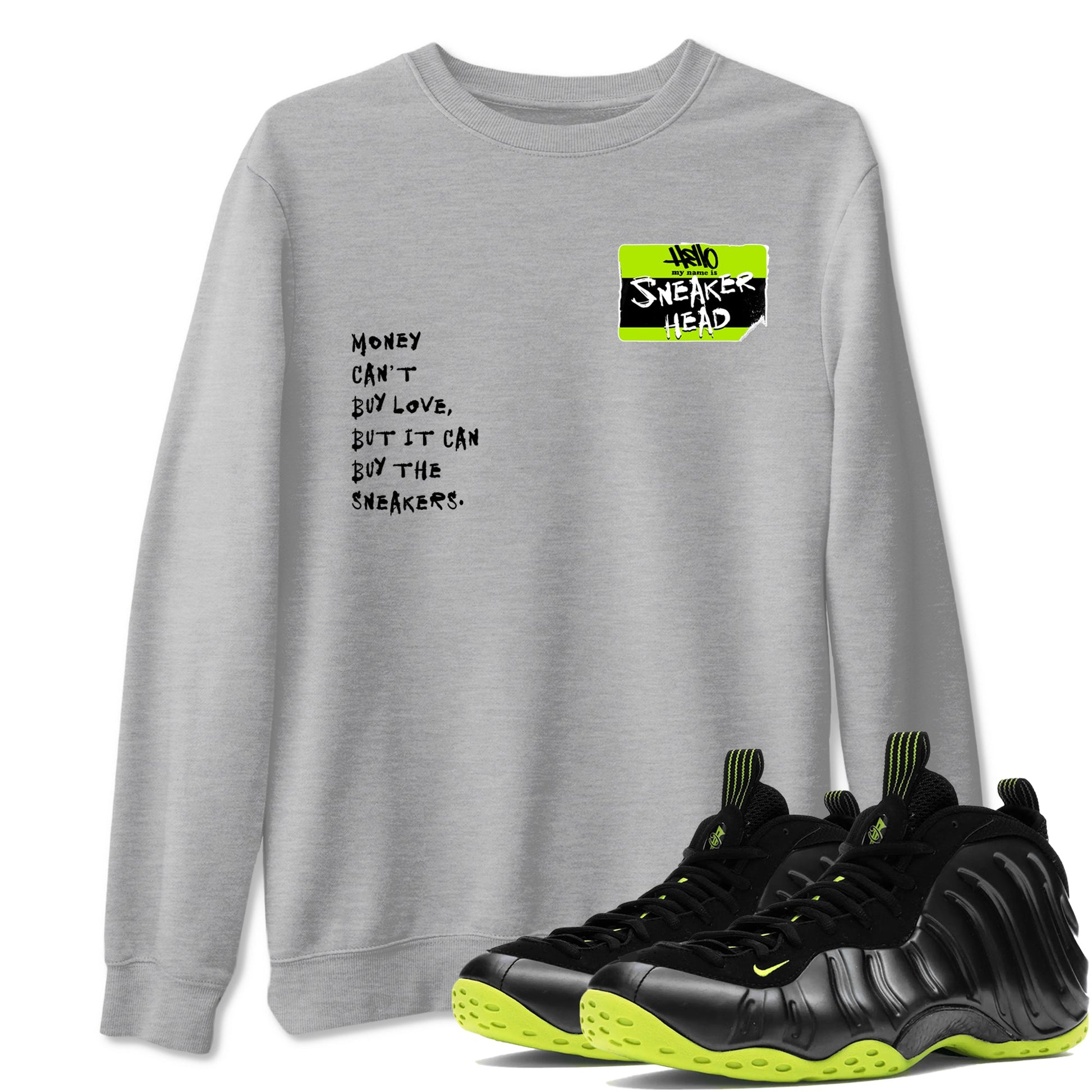 Foams One Black Volt best t shirts to wear with jordans Sneakerhead Badge sneaker match tees Air Foamposite One Black Volt match shoes to clothes SNRT Sneaker Tees unisex cotton Heather Grey 1 shirts