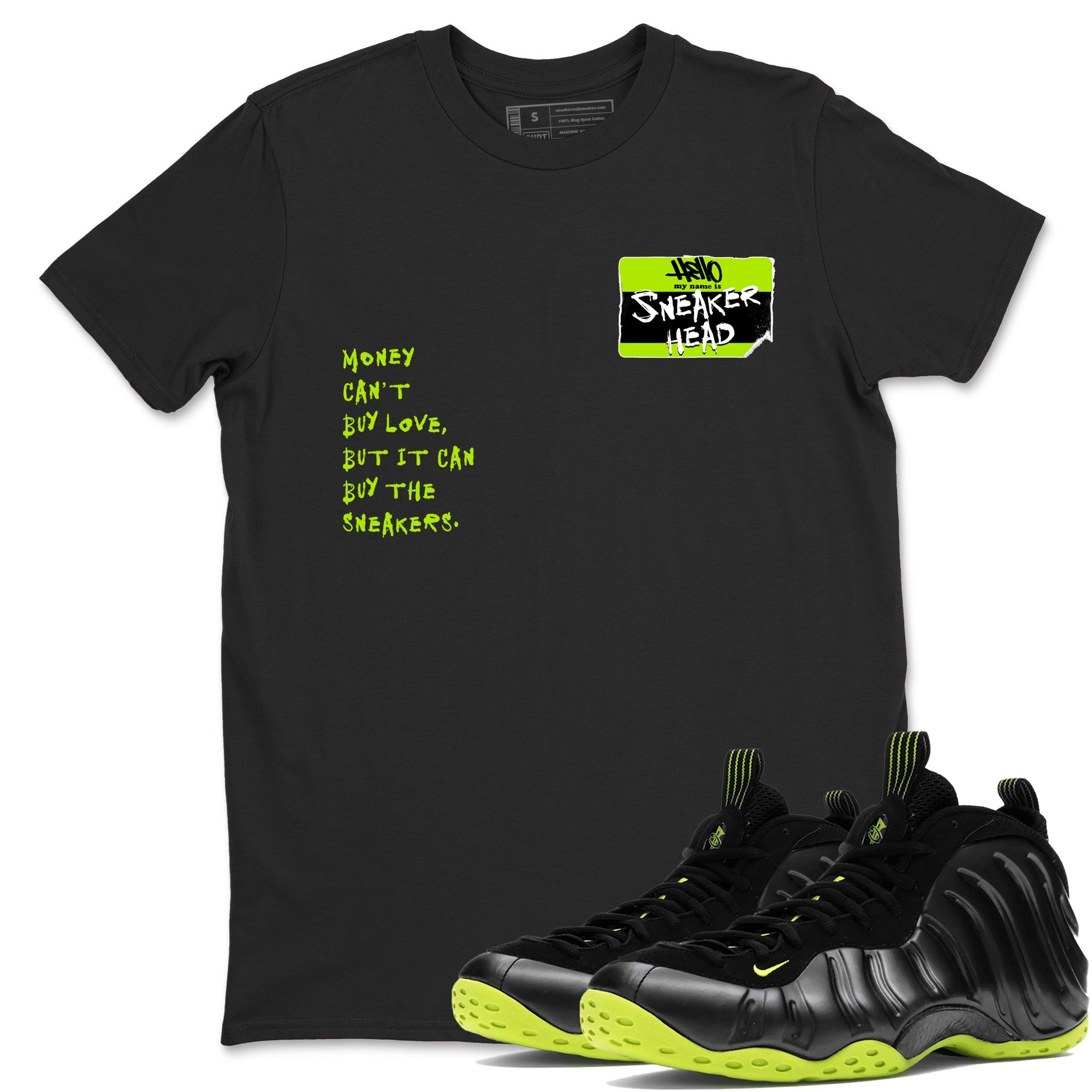 Foams One Black Volt best t shirts to wear with jordans Sneakerhead Badge sneaker match tees Air Foamposite One Black Volt match shoes to clothes SNRT Sneaker Tees unisex cotton Black 1 shirts