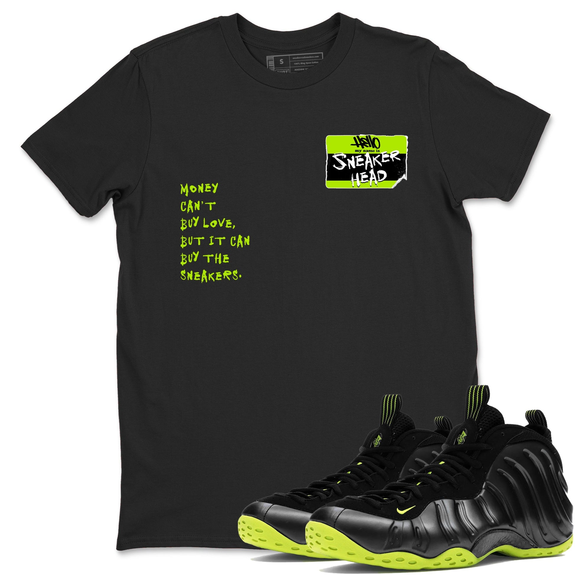 Foams One Black Volt best t shirts to wear with jordans Sneakerhead Badge sneaker match tees Air Foamposite One Black Volt match shoes to clothes SNRT Sneaker Tees unisex cotton Black 1 shirts