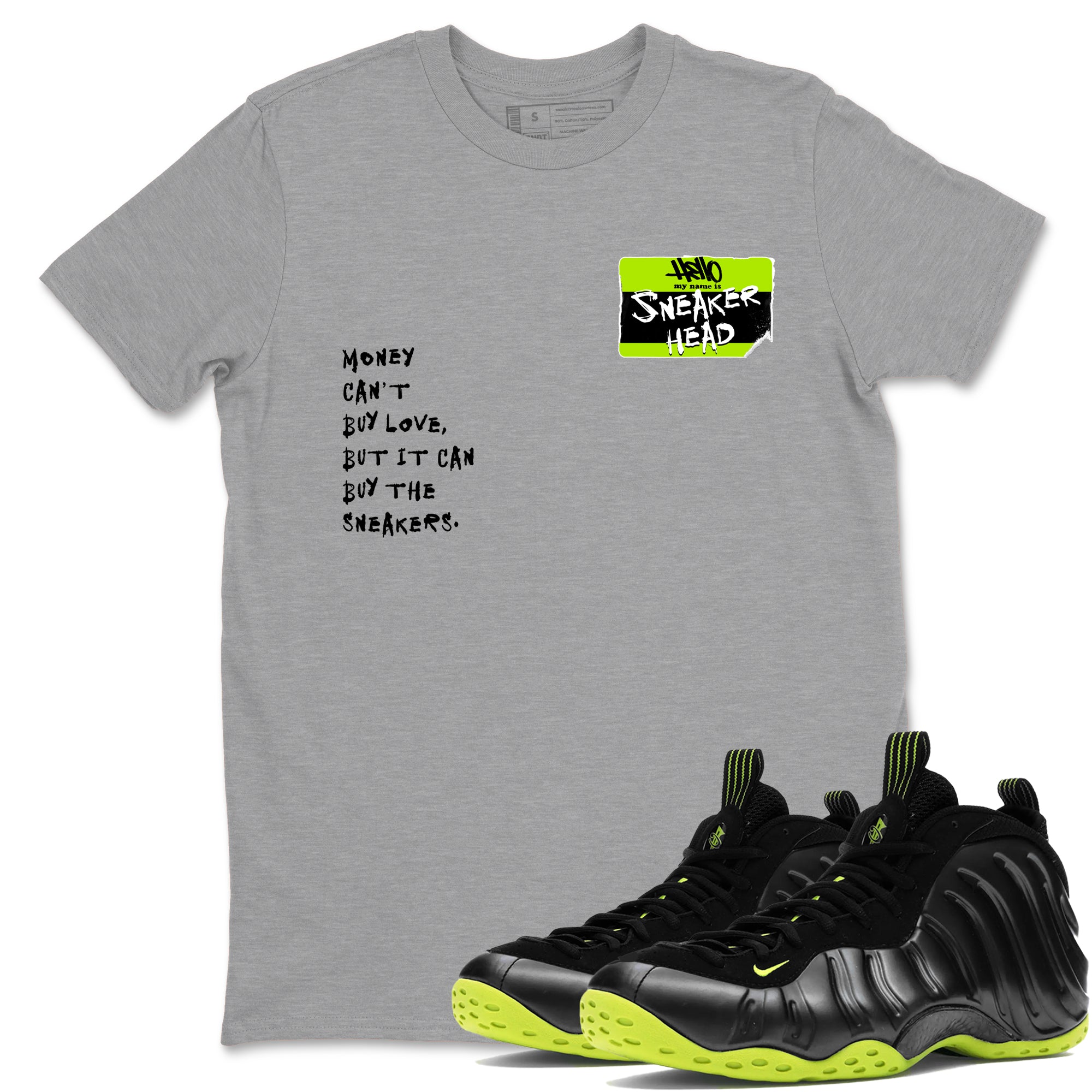 Foams One Black Volt best t shirts to wear with jordans Sneakerhead Badge sneaker match tees Air Foamposite One Black Volt match shoes to clothes SNRT Sneaker Tees unisex cotton Heather Grey 1 shirts
