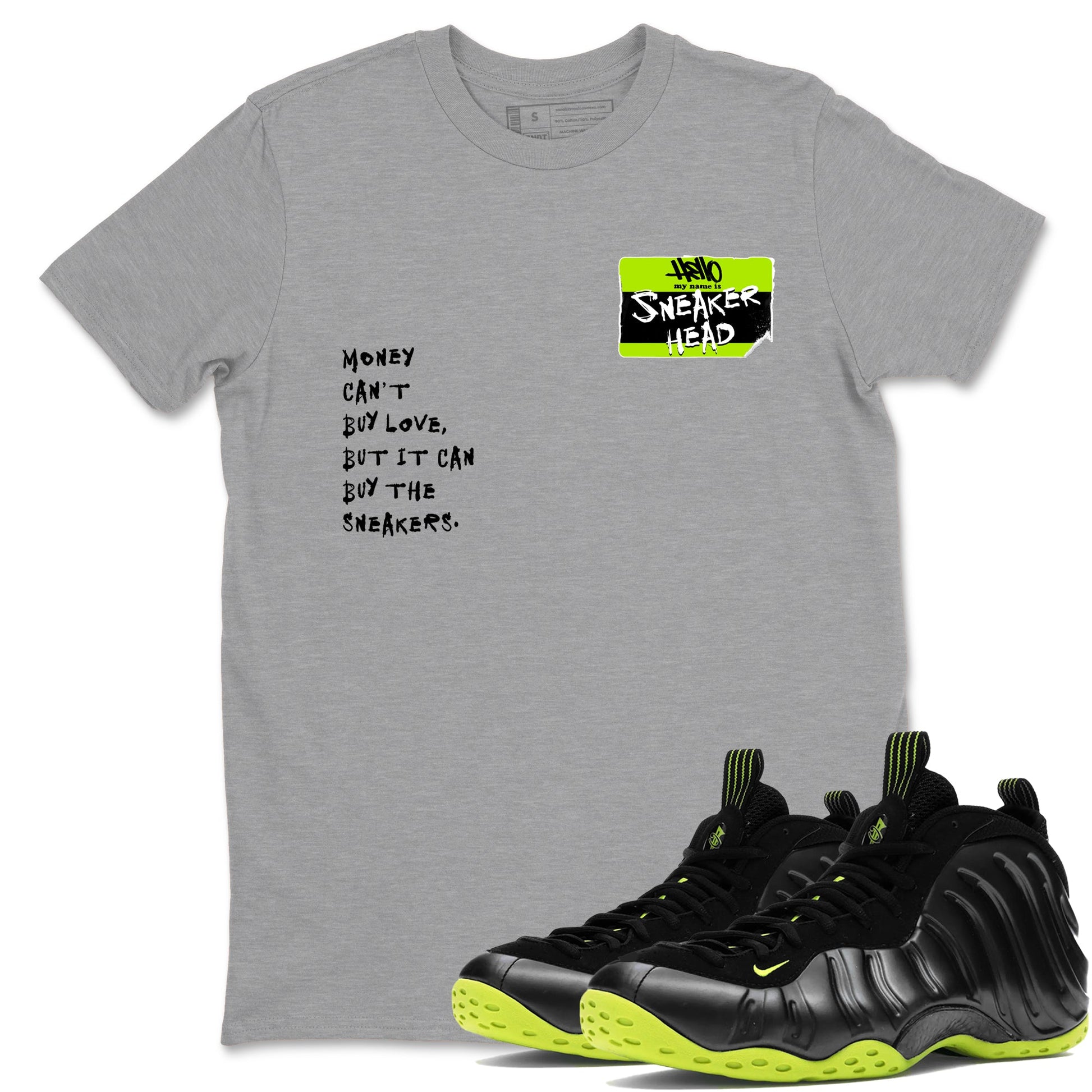 Foams One Black Volt best t shirts to wear with jordans Sneakerhead Badge sneaker match tees Air Foamposite One Black Volt match shoes to clothes SNRT Sneaker Tees unisex cotton Heather Grey 1 shirts
