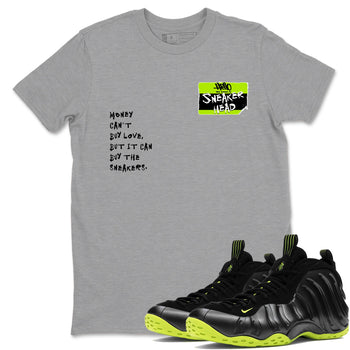 Foams One Black Volt best t shirts to wear with jordans Sneakerhead Badge sneaker match tees Air Foamposite One Black Volt match shoes to clothes SNRT Sneaker Tees unisex cotton Heather Grey 1 shirts