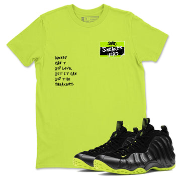 Foams One Black Volt best t shirts to wear with jordans Sneakerhead Badge sneaker match tees Air Foamposite One Black Volt match shoes to clothes SNRT Sneaker Tees unisex cotton Safety Green 1 shirts