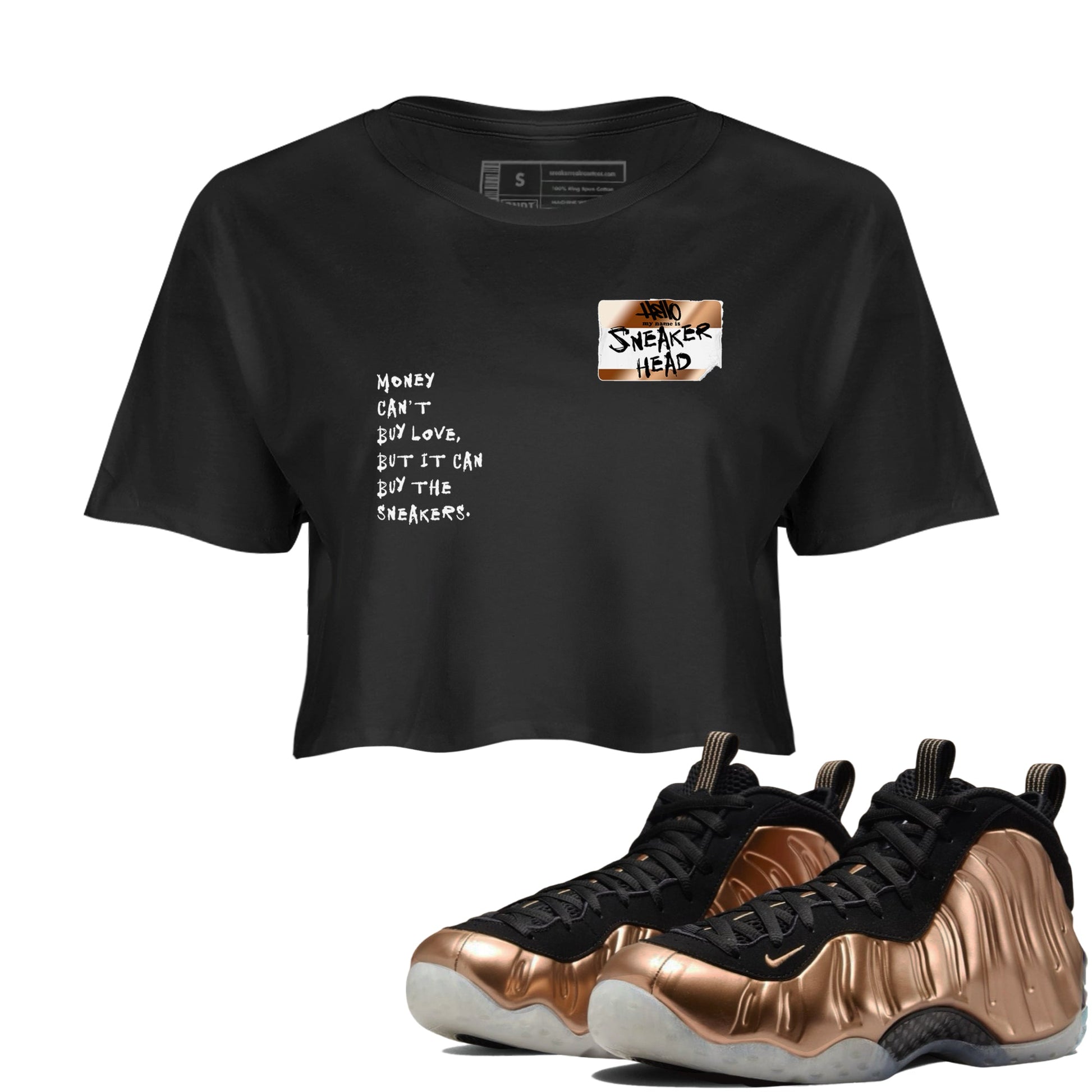Air Foamposite One Metallic Copper shirts to match jordans Sneakerhead Badge sneaker match tees Air Foamposite One Metallic Copper SNRT Sneaker Release Tees unisex cotton Black 1 Crop Shirts