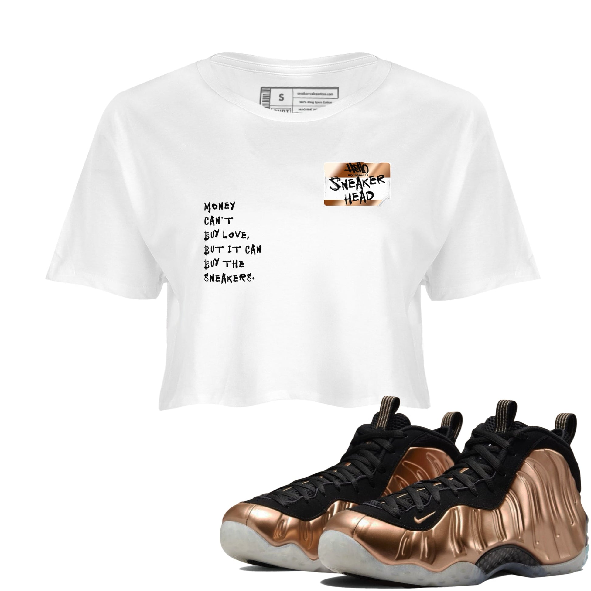 Air Foamposite One Metallic Copper shirts to match jordans Sneakerhead Badge sneaker match tees Air Foamposite One Metallic Copper SNRT Sneaker Release Tees unisex cotton White 1 Crop Shirts