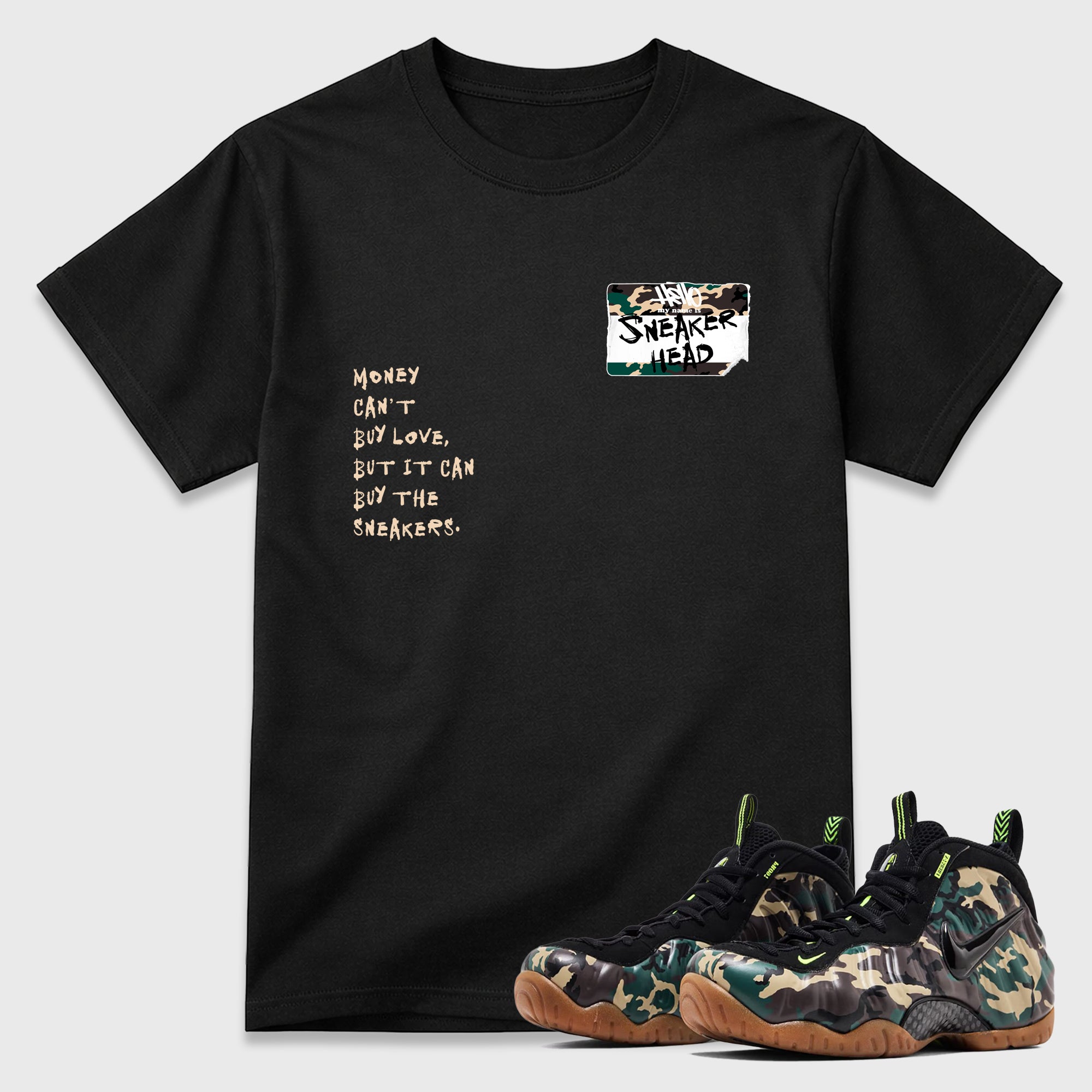 Sneakerhead Badge Graphic T-Shirt featuring original streetwear artwork designed to match the Air Foamposite Pro Green Camo. Black 1 Graphic T-Shirt.