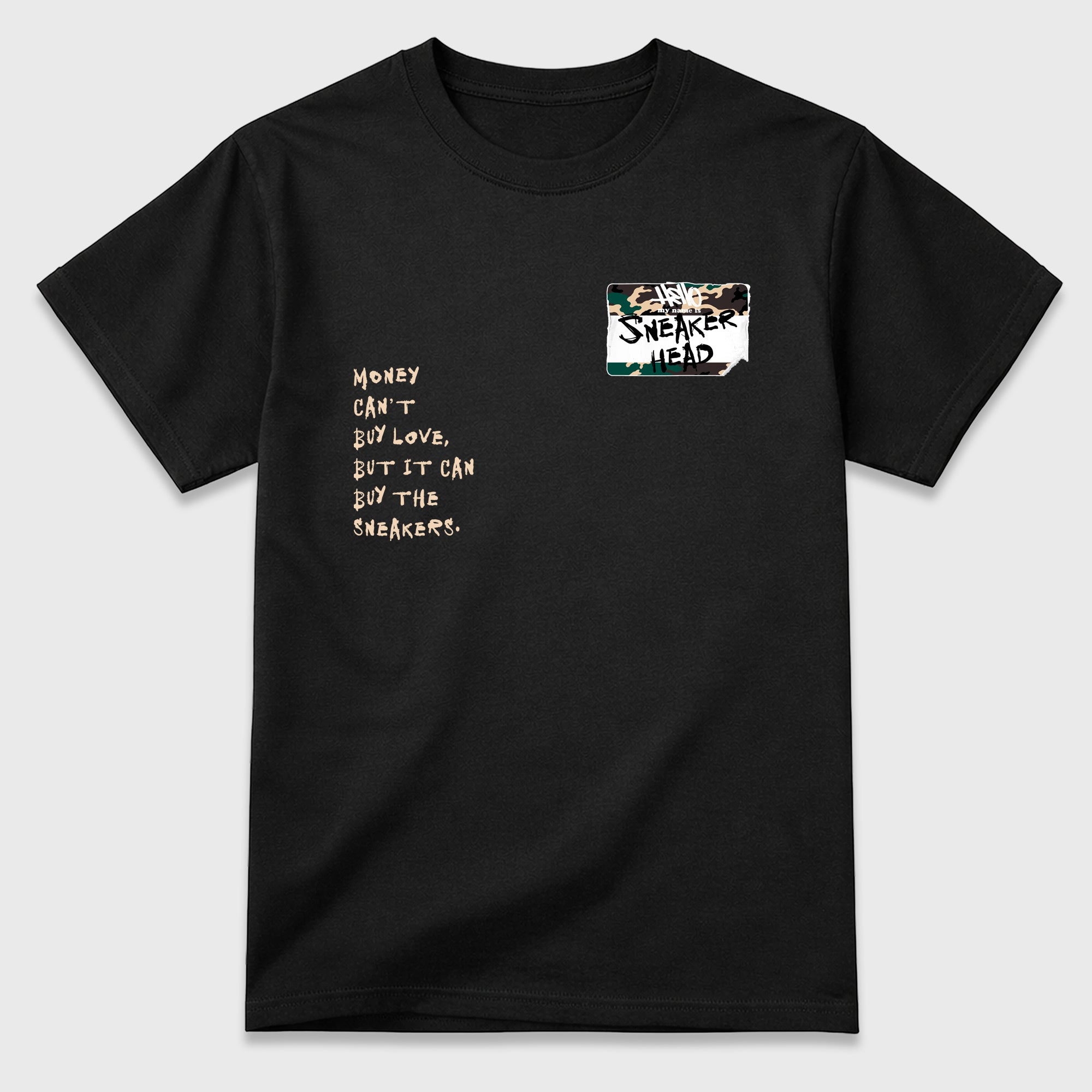 Sneakerhead Badge Graphic T-Shirt featuring original streetwear artwork designed to match the Air Foamposite Pro Green Camo. Black 2 Graphic T-Shirt.