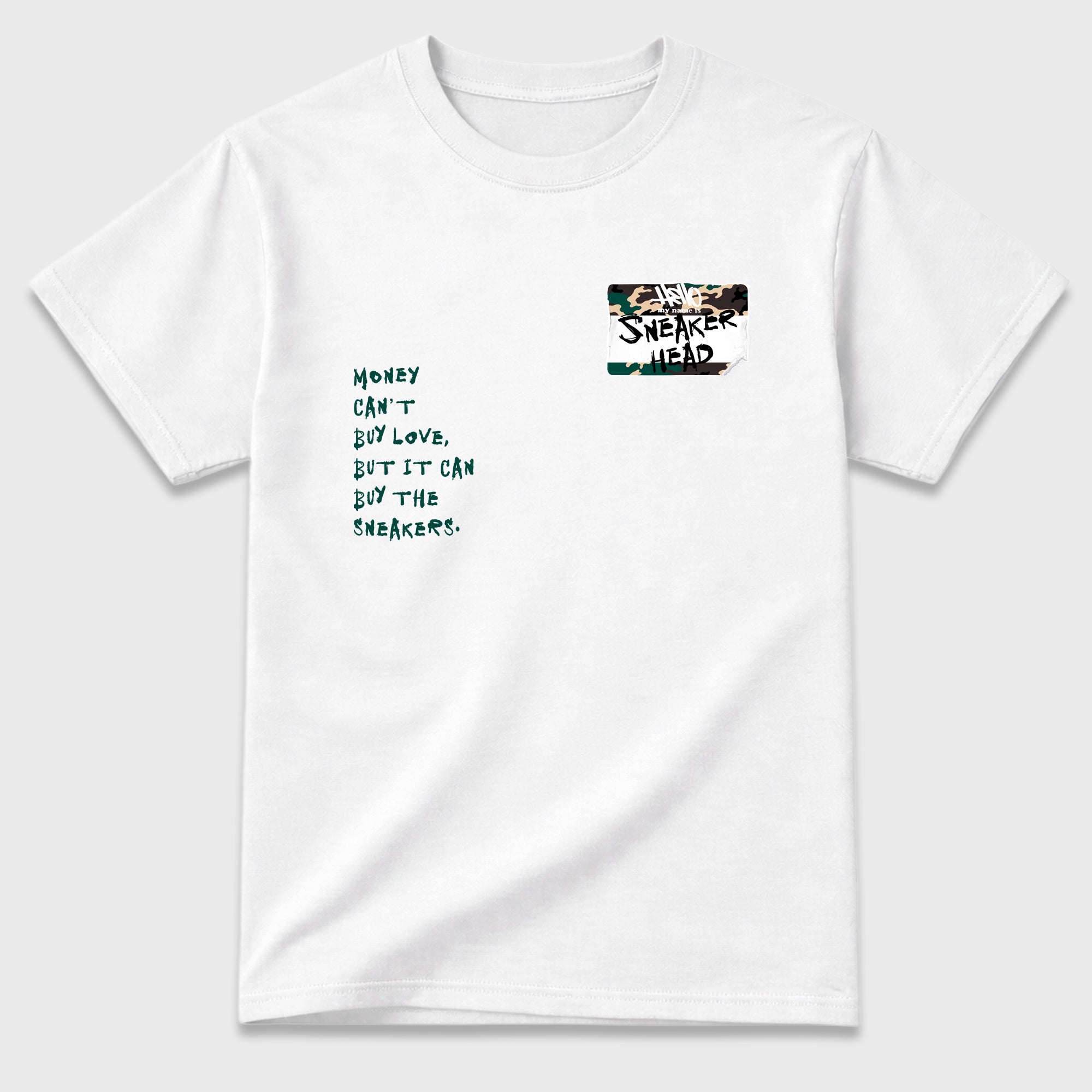 Sneakerhead Badge Graphic T-Shirt featuring original streetwear artwork designed to match the Air Foamposite Pro Green Camo. White 2 Graphic T-Shirt.