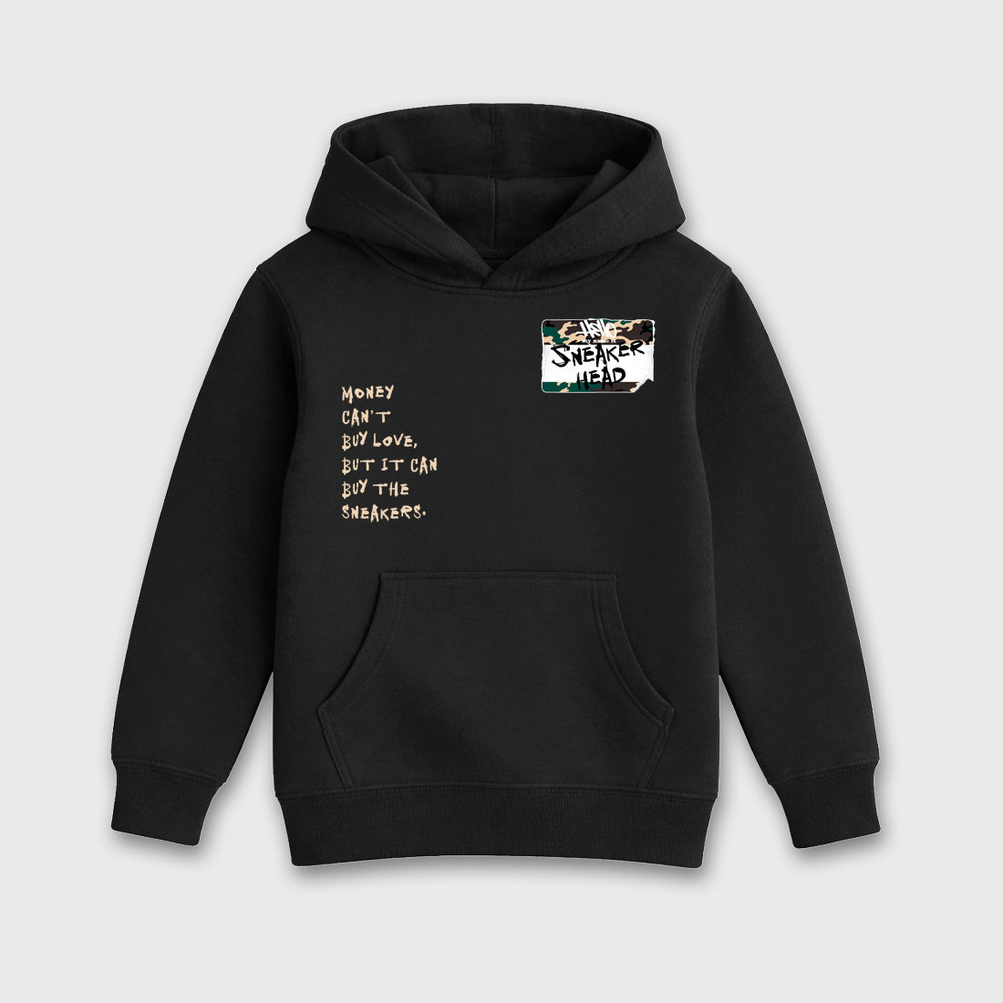Sneakerhead Badge Baby & Kids Graphic Hoodie featuring original artwork designed to match the Air Foamposite Pro Green Camo. Black 2 Kids Graphic Sweater.