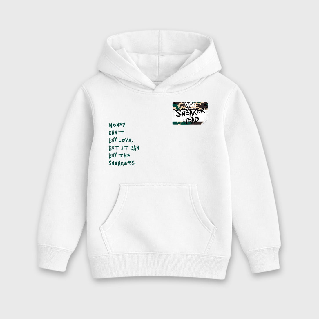 Sneakerhead Badge Baby & Kids Graphic Hoodie featuring original artwork designed to match the Air Foamposite Pro Green Camo. White 2 Kids Graphic Sweater.