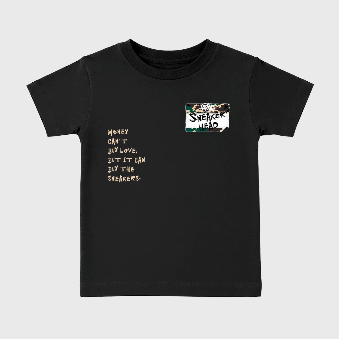 Sneakerhead Badge Baby & Kids Graphic T-Shirt featuring original artwork designed to match the Air Foamposite Pro Green Camo. Black 2 Kids Graphic Tee.