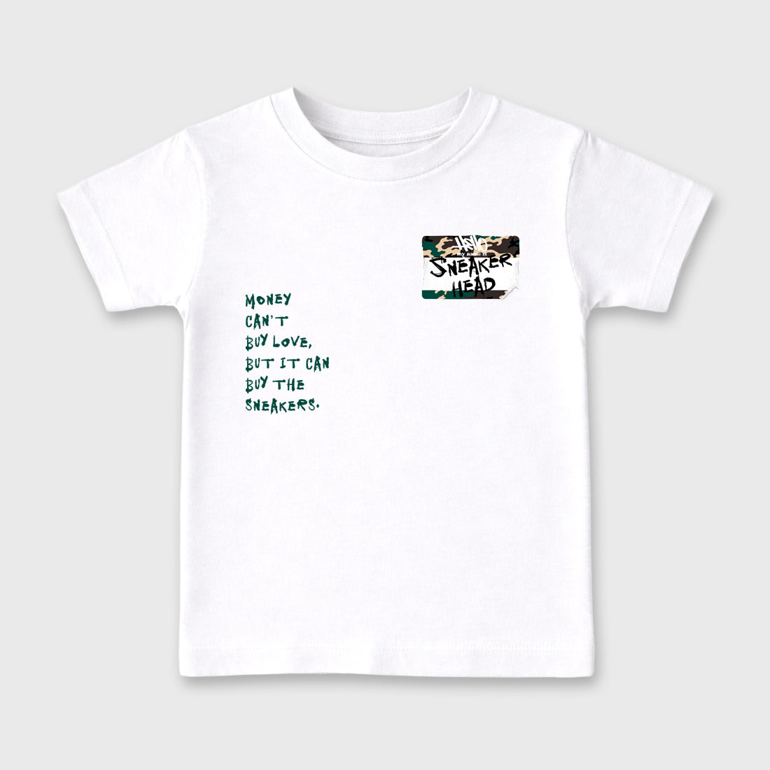 Sneakerhead Badge Baby & Kids Graphic T-Shirt featuring original artwork designed to match the Air Foamposite Pro Green Camo. White 2 Kids Graphic Tee.