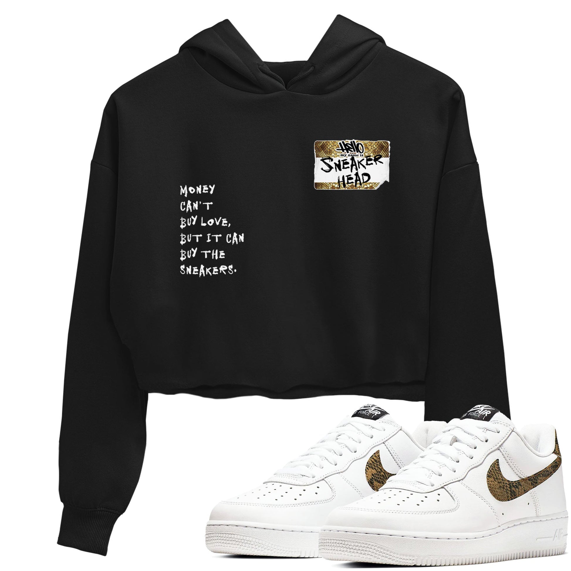 Air Force 1 Ivory Snake shirt to match jordans Sneakerhead Badge sneaker tees Air Force 1 Ivory Snake SNRT Sneaker Release Tees Black 1 crop length shirt