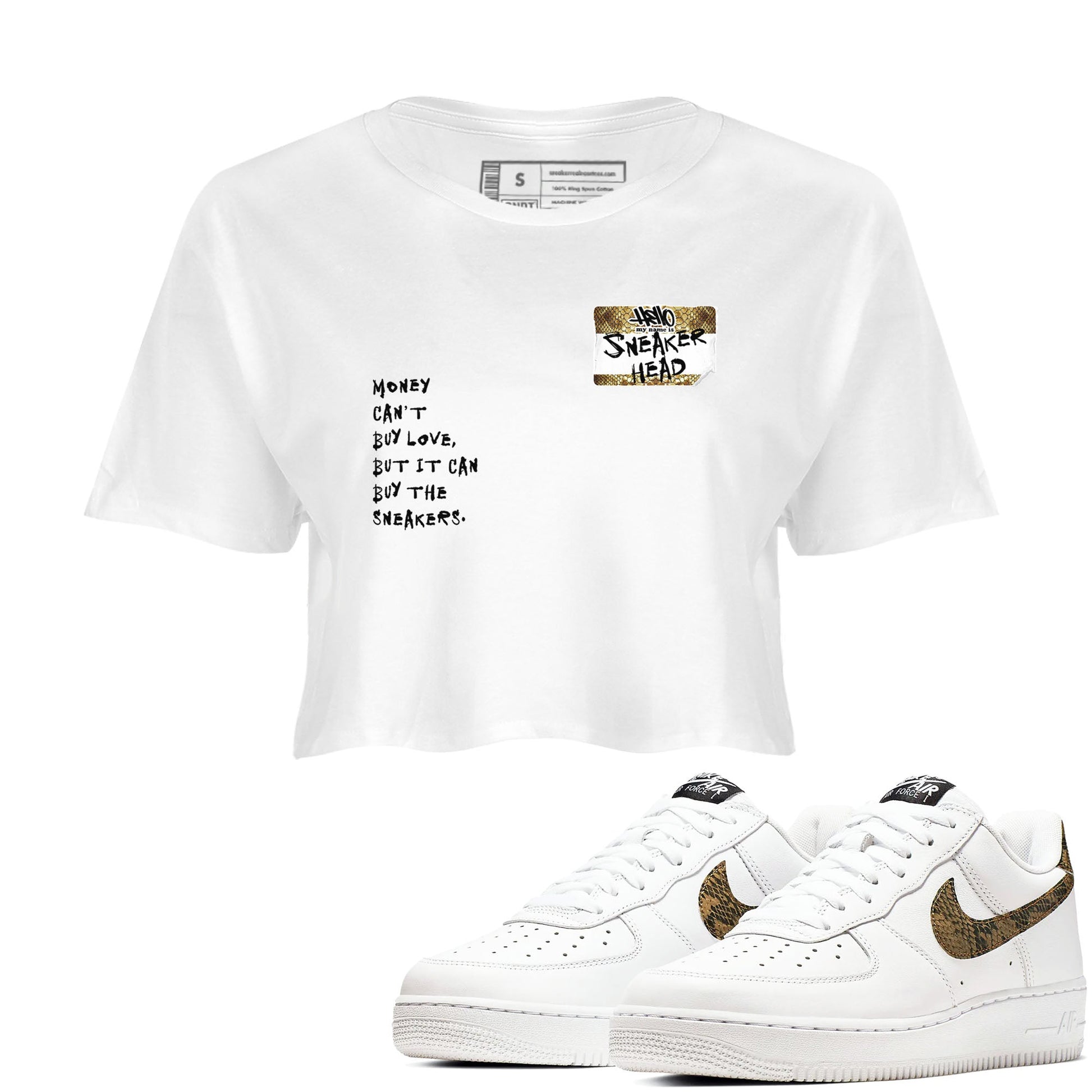 Air Force 1 Ivory Snake shirt to match jordans Sneakerhead Badge sneaker tees Air Force 1 Ivory Snake SNRT Sneaker Release Tees White 1 crop length shirt
