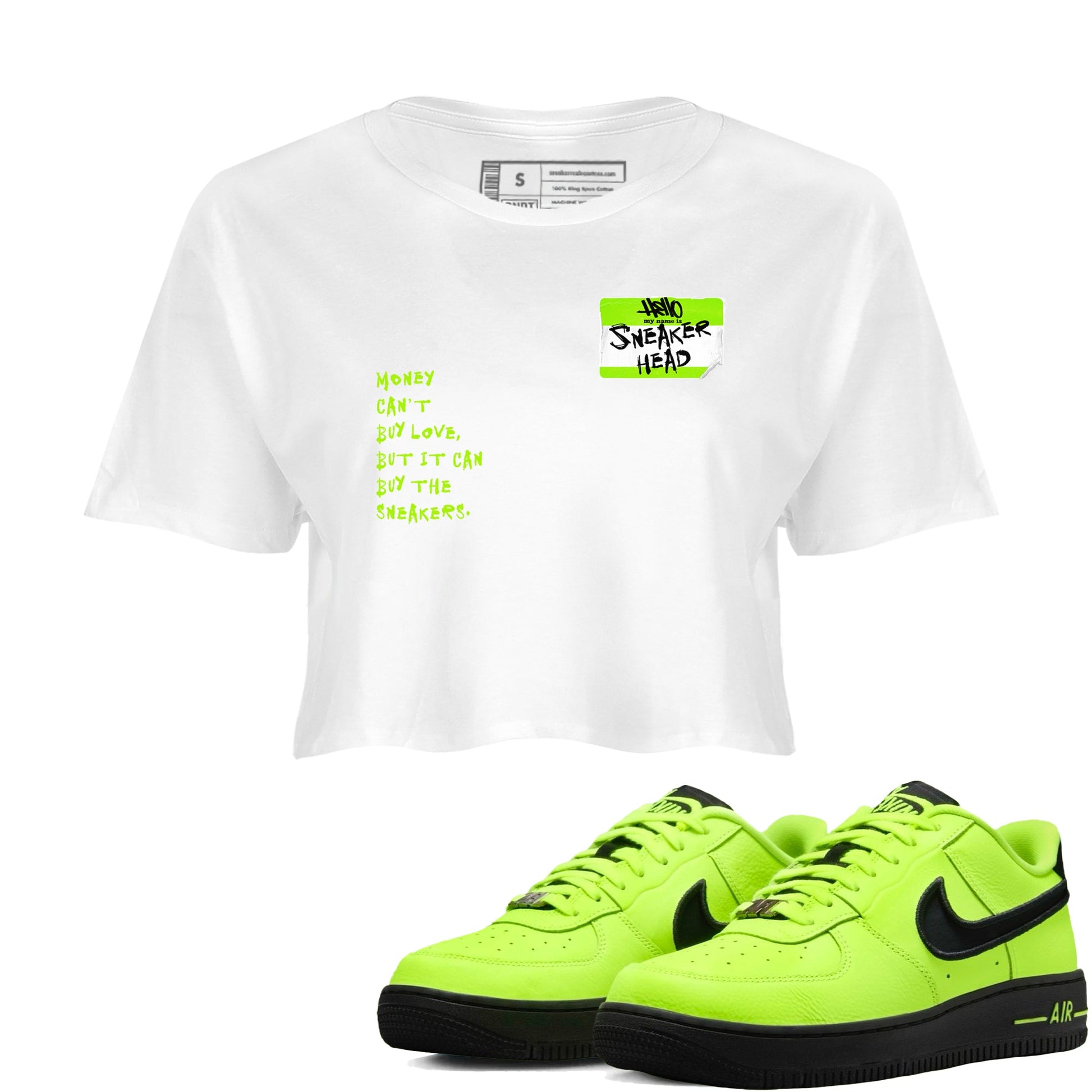 AF1 Volt shirts to match jordans Sneakerhead Badge sneaker match tees Air Force 1 Volt match shoes to clothes SNRT Sneaker Tees unisex cotton White 1 crop tee