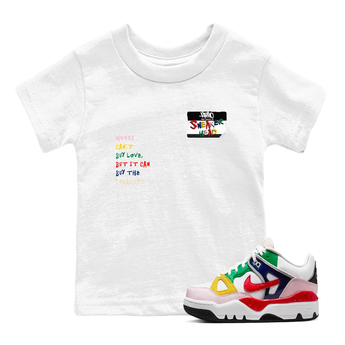 AF 3 Nigo shirtsto match jordans Sneakerhead Badge sneaker match tees Air Force 3 Low x Nigo Blue Void and Tour Yellow match shoes to clothes SNRT Sneaker Tees Youth Baby White 1 tee