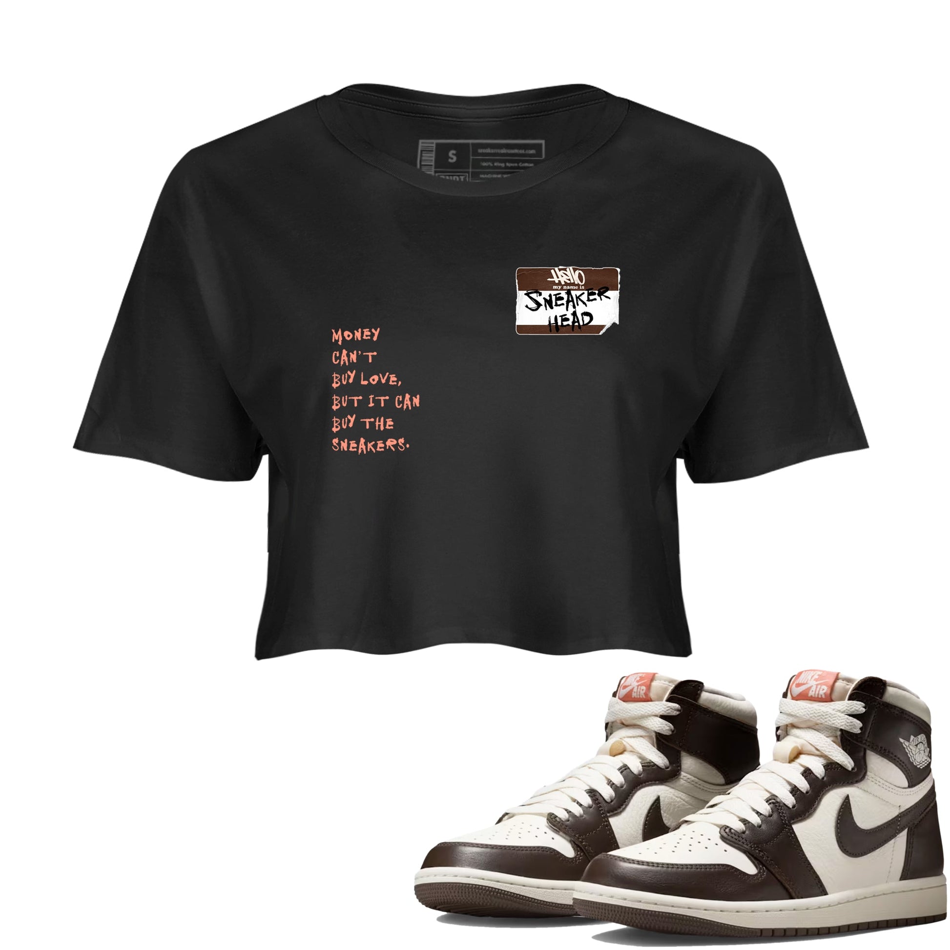 Sneaker match tees – Sneaker Tees To Match Air Jordan 1 Baroque Brown Shoes – Sneakerhead Badge Crop T-Shirt Black 1