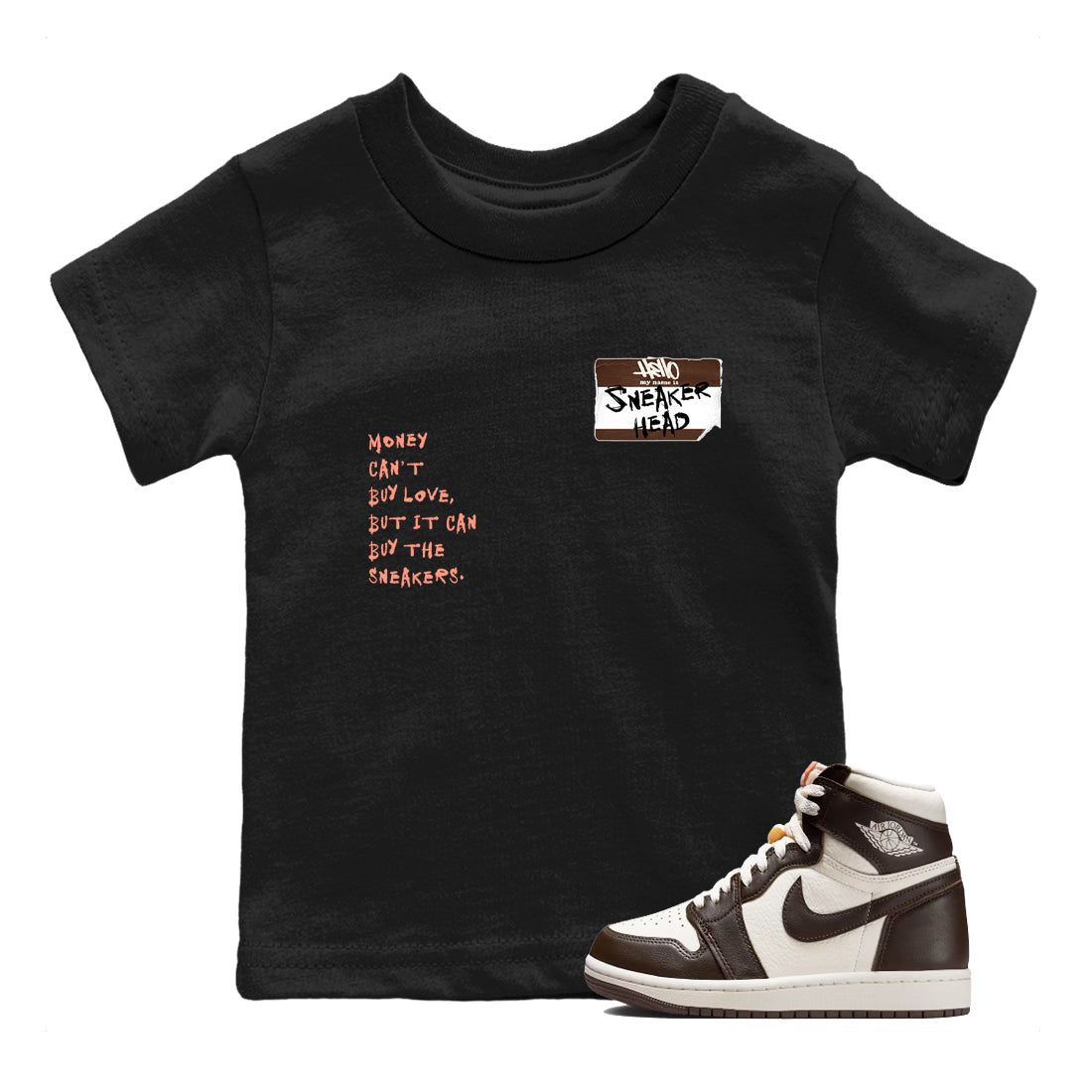 Sneaker match tees – Sneaker Tees To Match Air Jordan 1 Baroque Brown Shoes – Sneakerhead Badge Kids T-Shirt Black 1