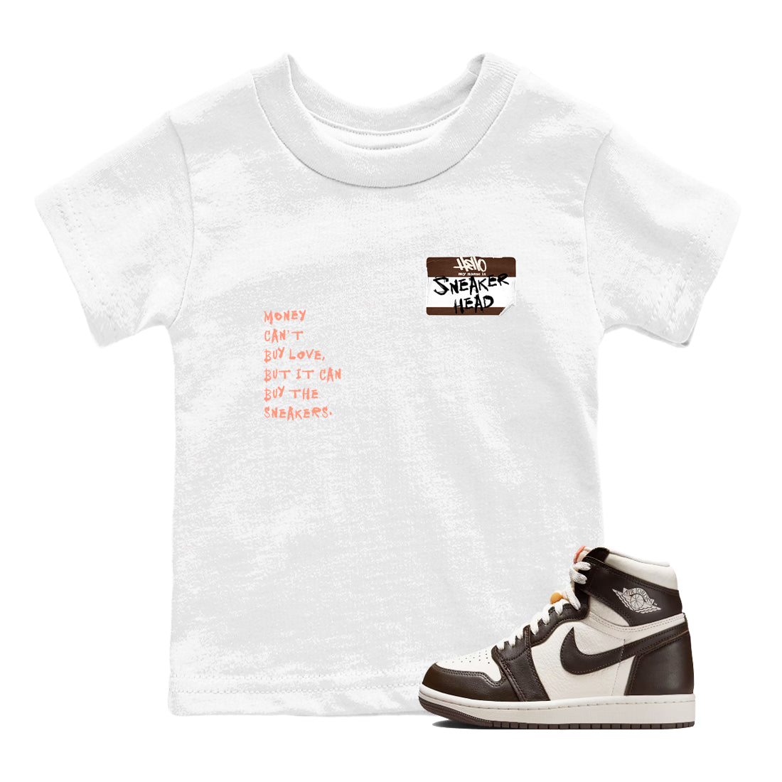 Sneaker match tees – Sneaker Tees To Match Air Jordan 1 Baroque Brown Shoes – Sneakerhead Badge Kids T-Shirt White 1