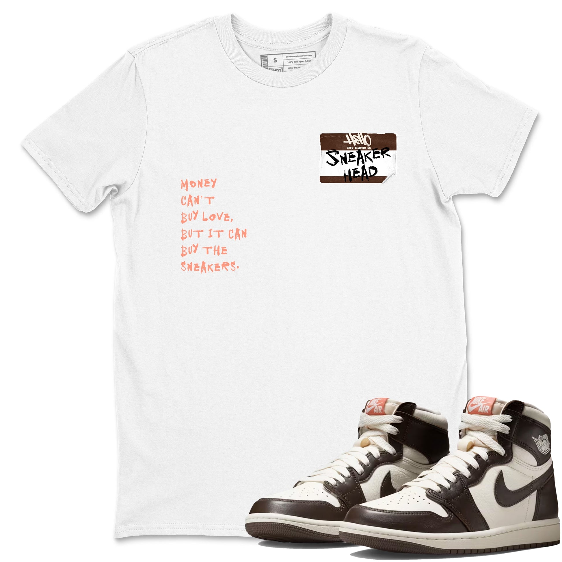 Sneaker match tees – Sneaker Tees To Match Air Jordan 1 Baroque Brown Shoes – Sneakerhead Badge Tee White 1