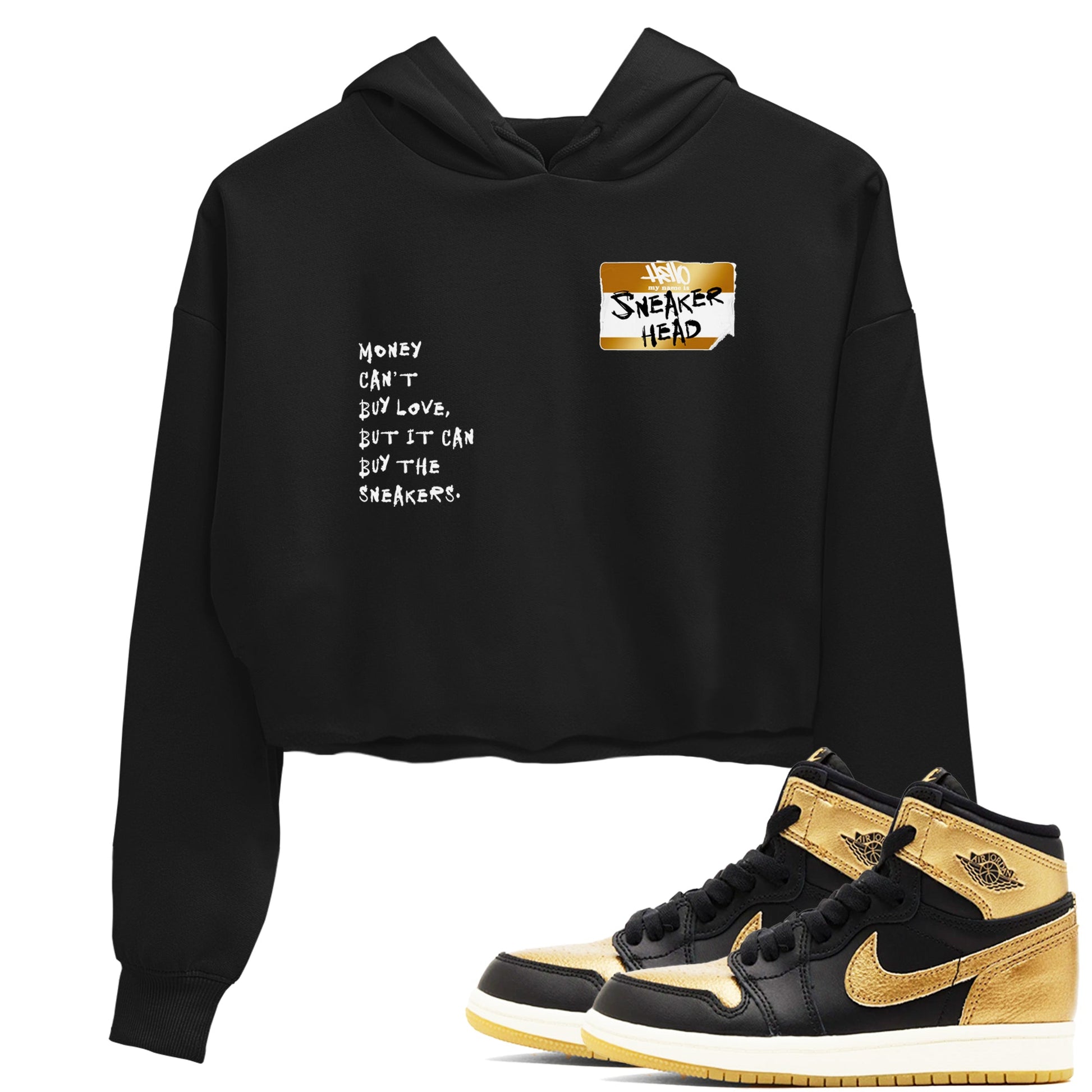 AJ1 Black Metallic Gold shirts to match jordans Sneakerhead Badge sneaker match tees Jordan 1 High OG Black and Gold SNRT Sneaker Tees streetwear brand Black 1 crop tee