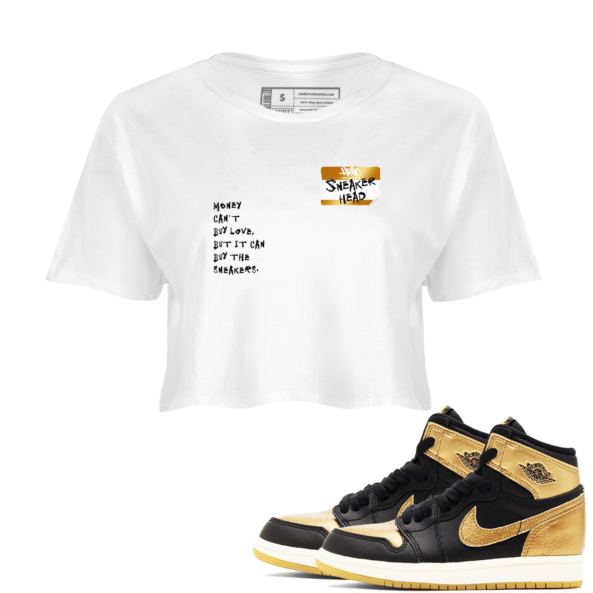 AJ1 Black Metallic Gold shirts to match jordans Sneakerhead Badge sneaker match tees Jordan 1 High OG Black and Gold SNRT Sneaker Tees streetwear brand White 1 crop tee