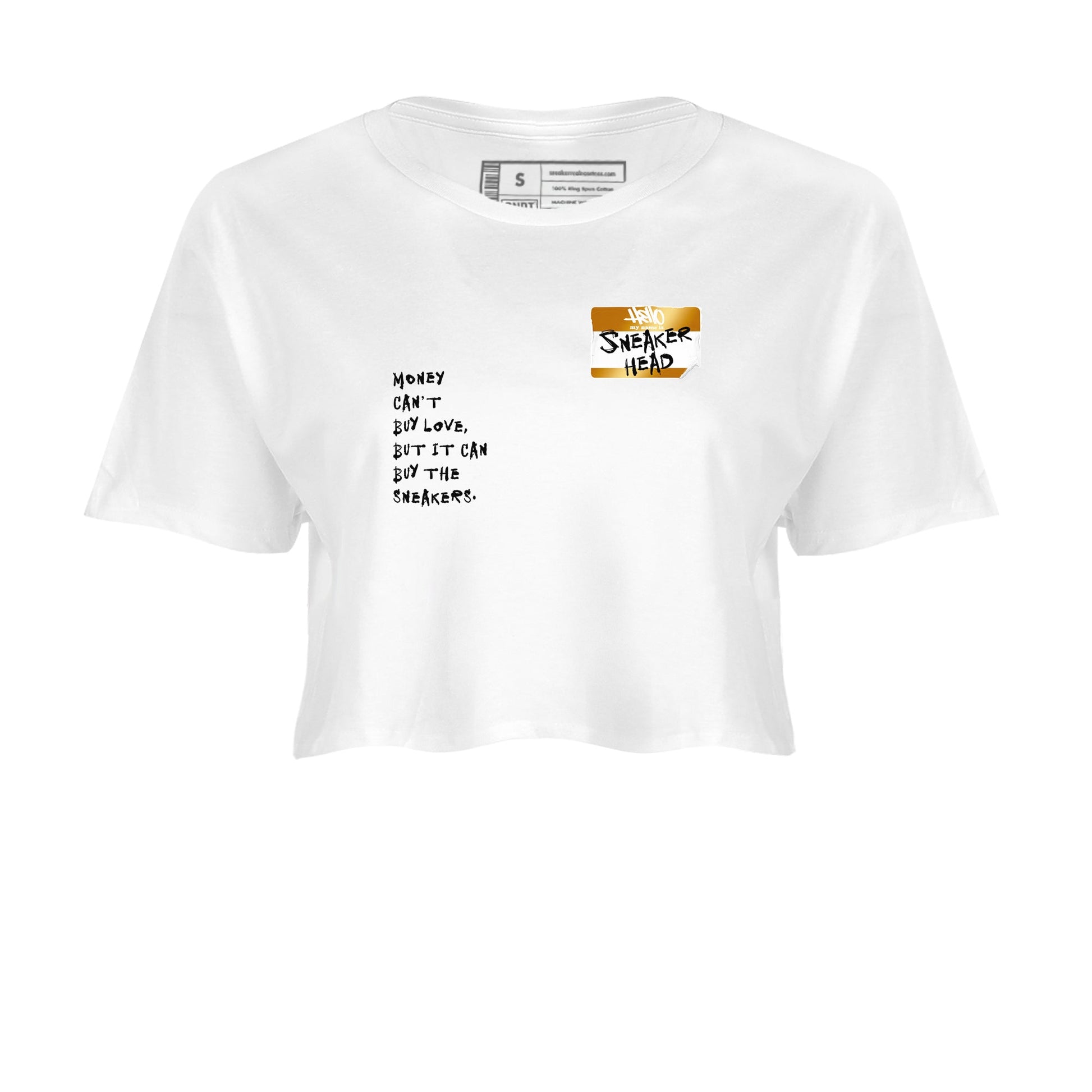 AJ1 Black Metallic Gold shirts to match jordans Sneakerhead Badge sneaker match tees Jordan 1 High OG Black and Gold SNRT Sneaker Tees streetwear brand White 2 crop tee
