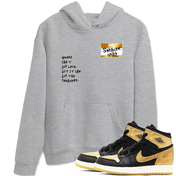 AJ1 Black Metallic Gold shirts to match jordans Sneakerhead Badge sneaker match tees Jordan 1 High OG Black and Gold SNRT Sneaker Tees streetwear brand Heather Grey 1 unisex cotton tee
