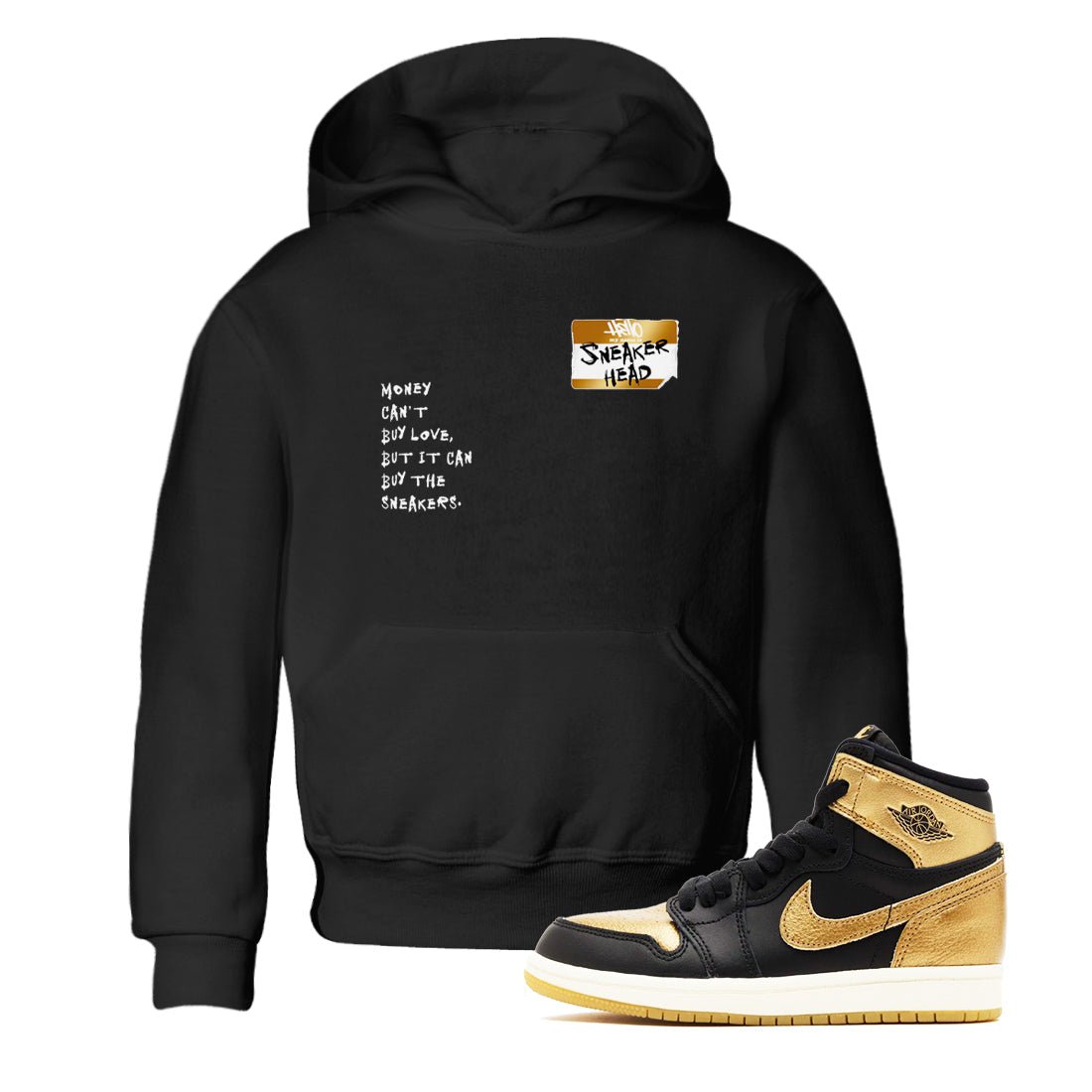 AJ1 Black Metallic Gold shirts to match jordans Sneakerhead Badge sneaker match tees Jordan 1 High OG Black and Gold SNRT Sneaker Tees streetwear brand Baby and Youth Black 1 cotton tee