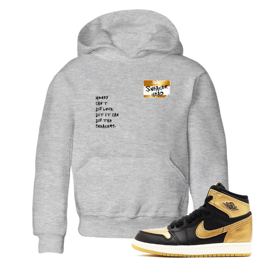 AJ1 Black Metallic Gold shirts to match jordans Sneakerhead Badge sneaker match tees Jordan 1 High OG Black and Gold SNRT Sneaker Tees streetwear brand Baby and Youth Heather Grey 1 cotton tee