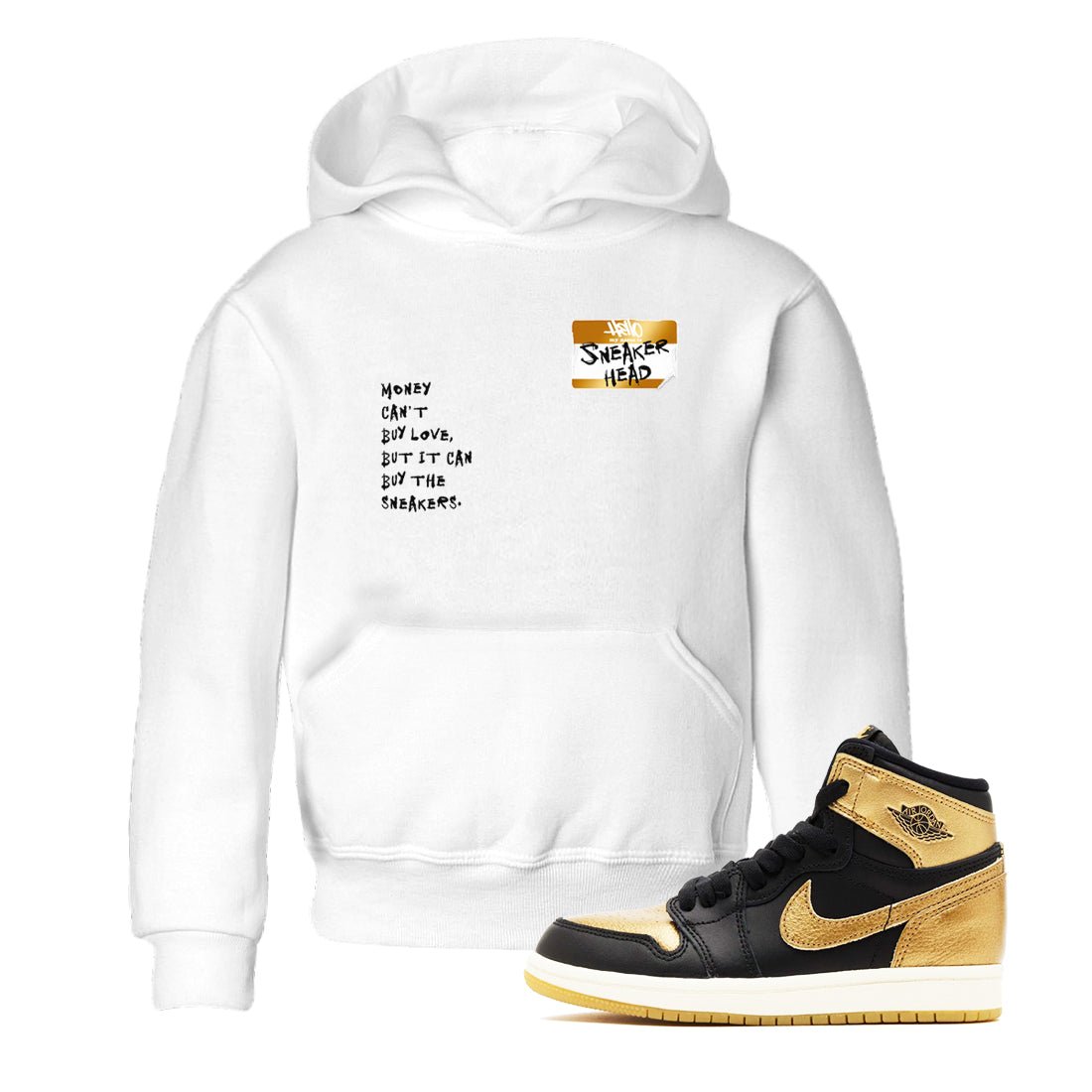 AJ1 Black Metallic Gold shirts to match jordans Sneakerhead Badge sneaker match tees Jordan 1 High OG Black and Gold SNRT Sneaker Tees streetwear brand Baby and Youth White 1 cotton tee